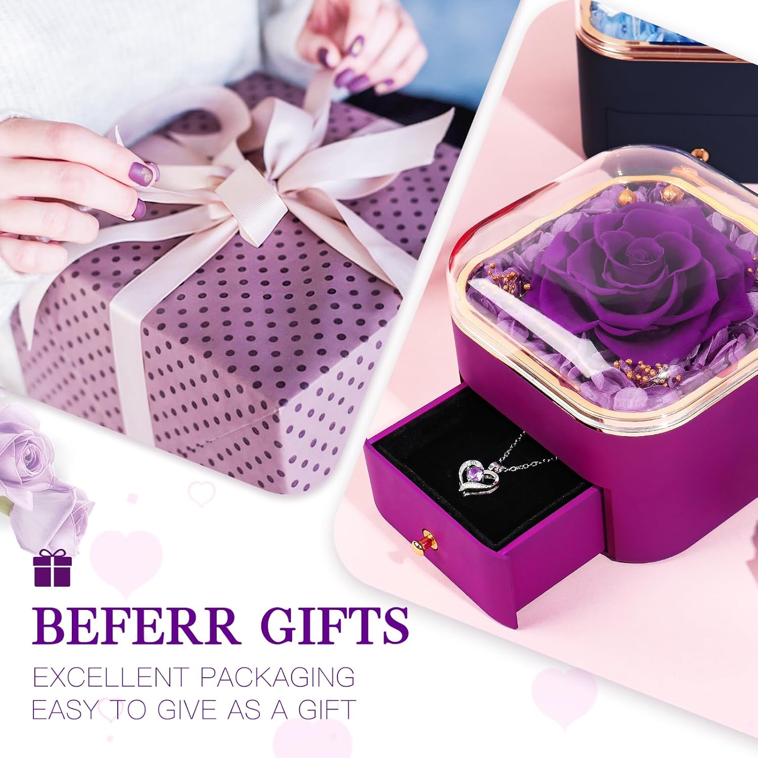 Beferr Gifts for Mom Preserved Real Rose with Necklace Eternal Roses Fresh Flowers for Delivery Prime Birthday Anniversary Purple Gifts for Women Mothers Grandma Wife Daughter Girlfriend Sister