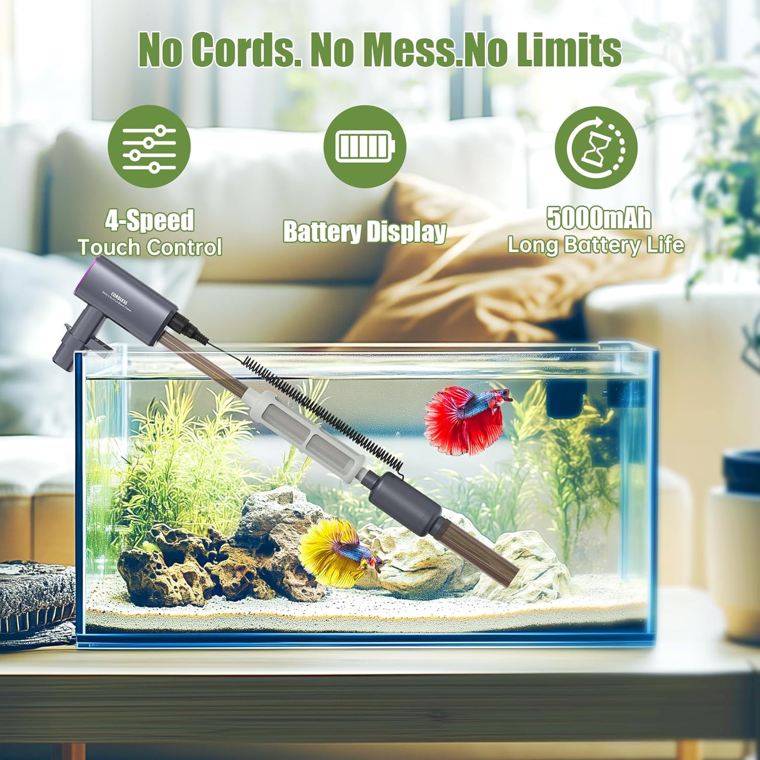 Cordless Aquarium Gravel Cleaner Vacuum: 6-in-1 Electric Fish Tank Cleaner