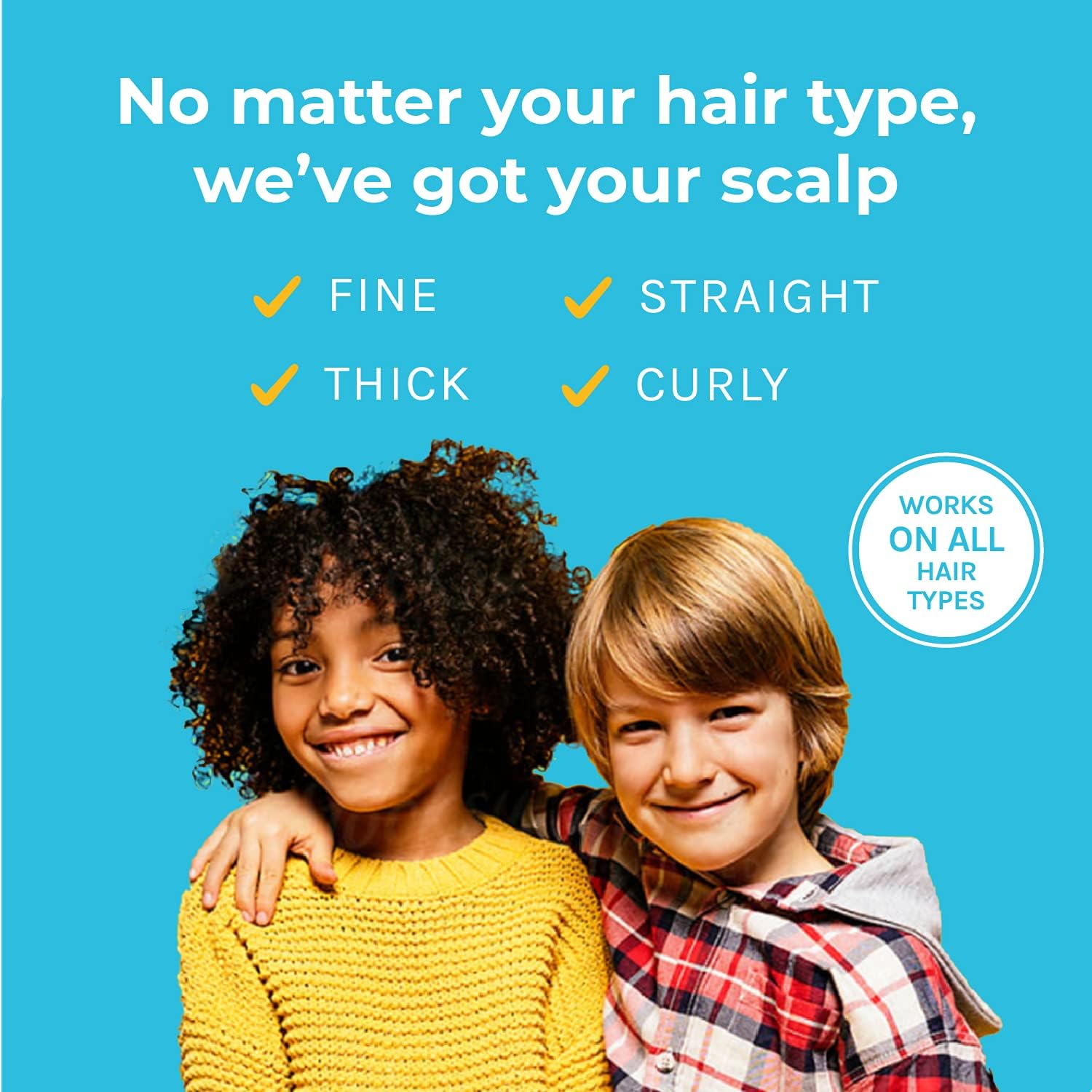 Two children with different hair types against a blue background with text about scalp care.