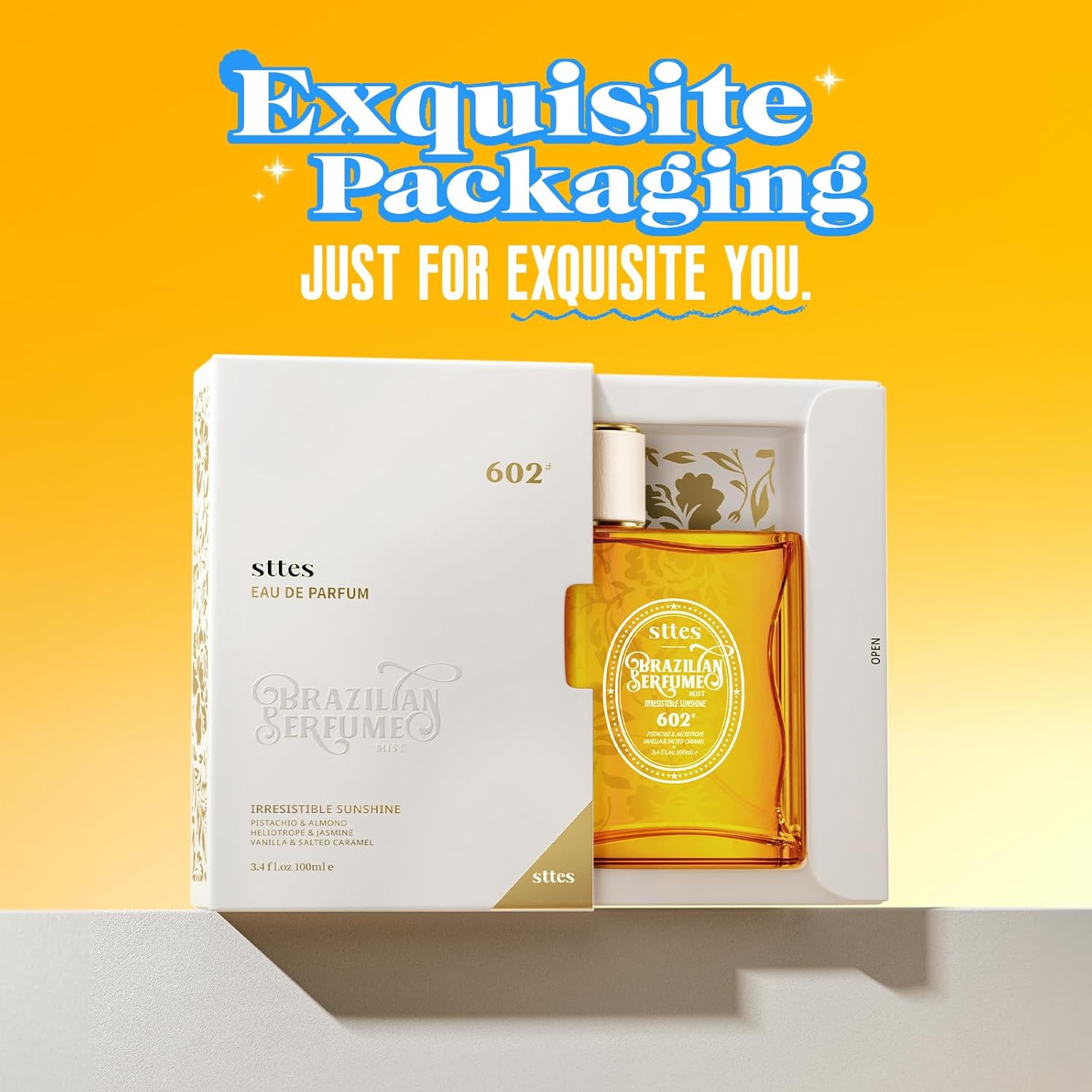 Sttes Perfume 602# Irresistible Sunshine bottle with pistachio, vanilla, and salted caramel scent notes, positioned on a white background.