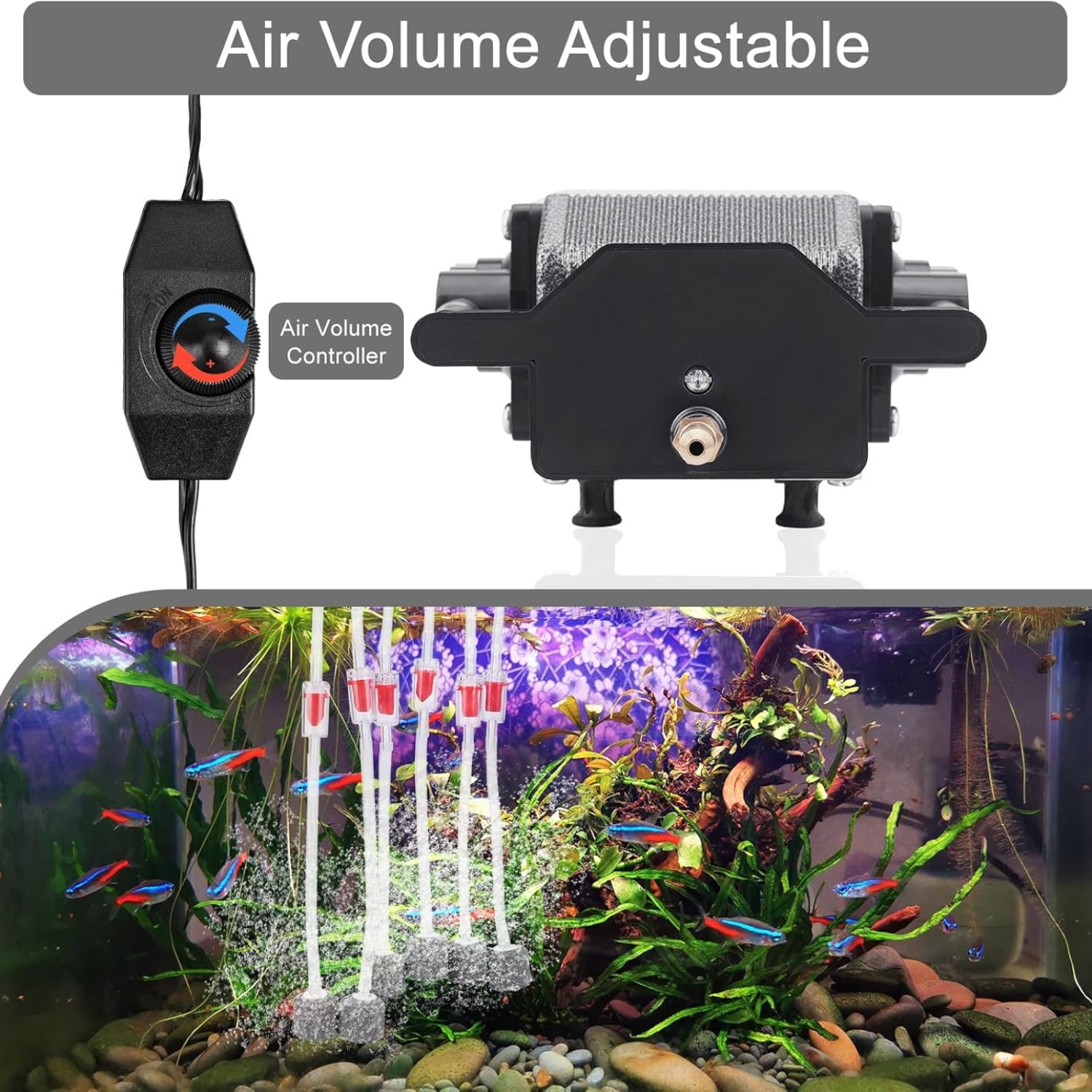 AquaMiracle quiet fish tank air pump with 6/8/16W power and 200/317/475 GPH airflow, shown with compact design and control knob