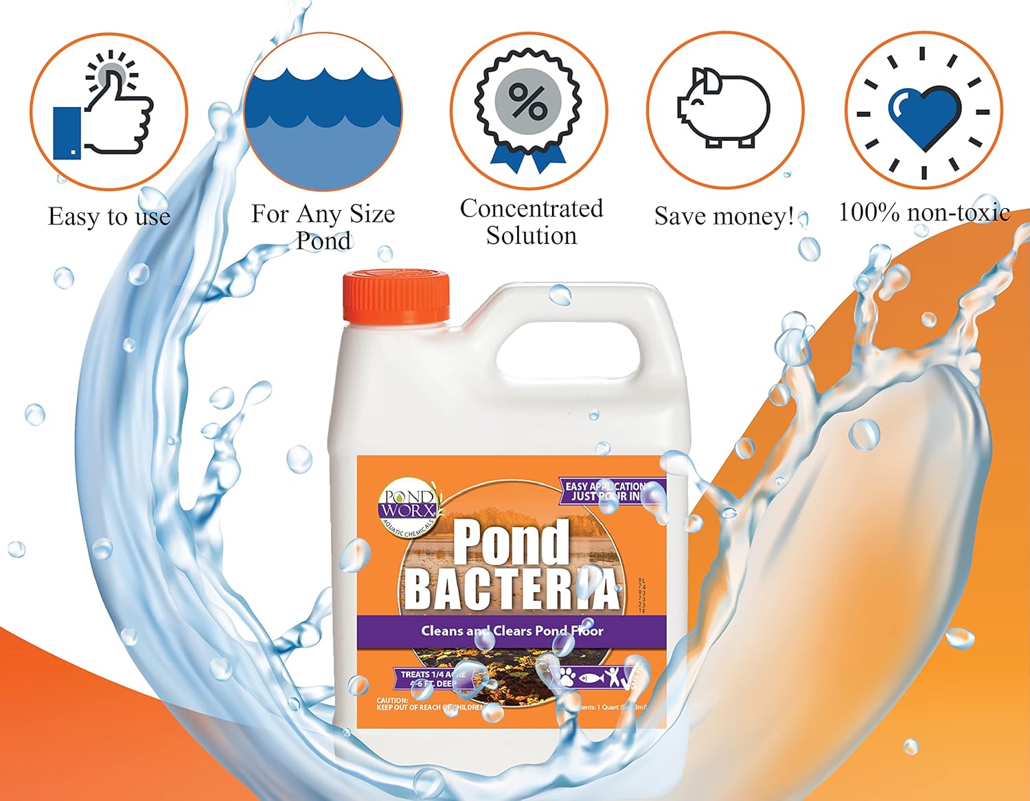Pond Worx Pond Bacteria bottle, concentrated formula for large ponds, with label showing product details and branding.