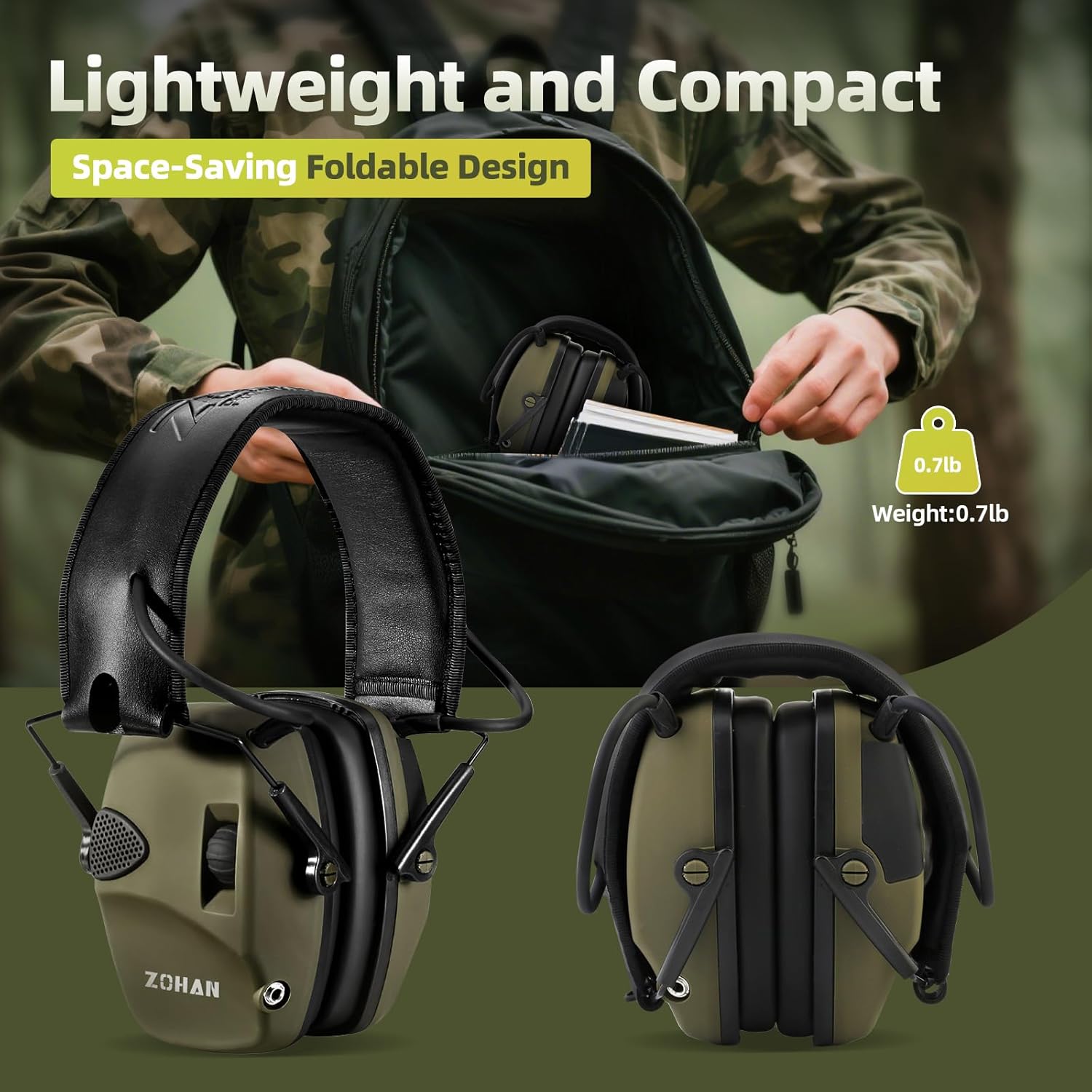 ZOHAN EM054 electronic shooting ear protection with sound amplification, showing adjustable ear cups and control panel.