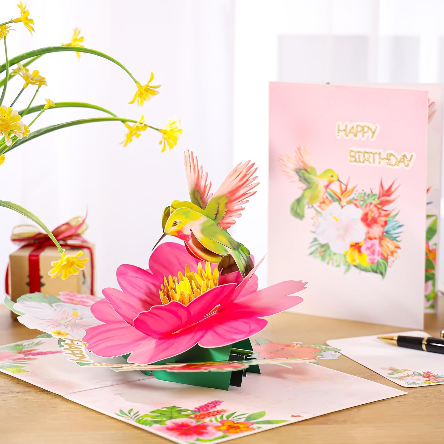SISTIMON hummingbird pop-up birthday card for women featuring a colorful hummingbird on flowers, beautifully crafted and detailed.