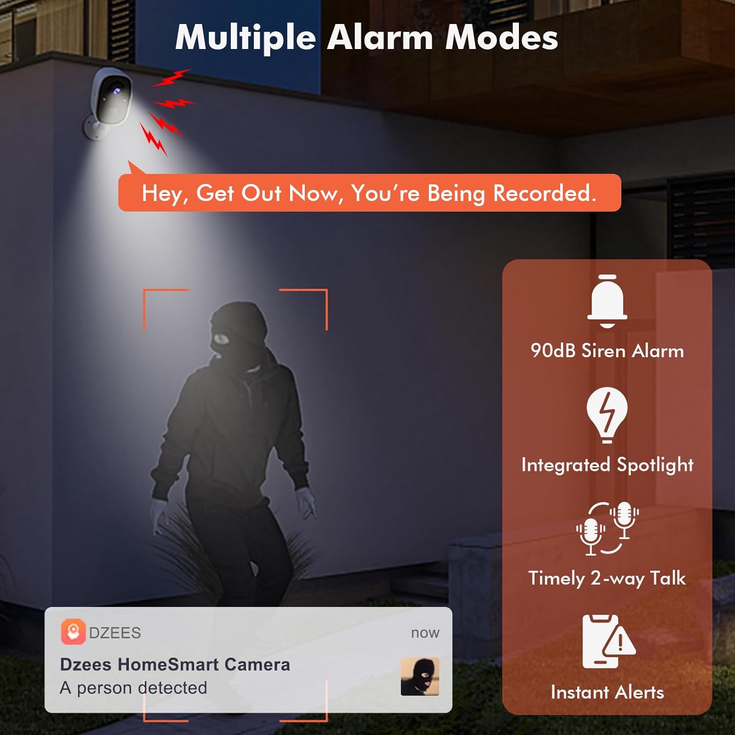 Wireless Dzees outdoor security camera with 2K resolution, battery-powered WiFi surveillance camera showing camera lens and mounting bracket.