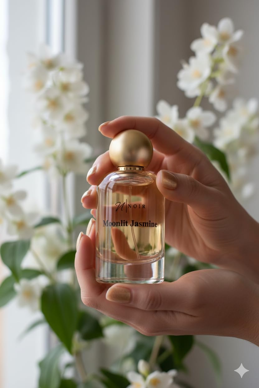 NOIR Moonlit Jasmine Eau de Parfum for Women bottle with floral fragrance packaging and elegant design.