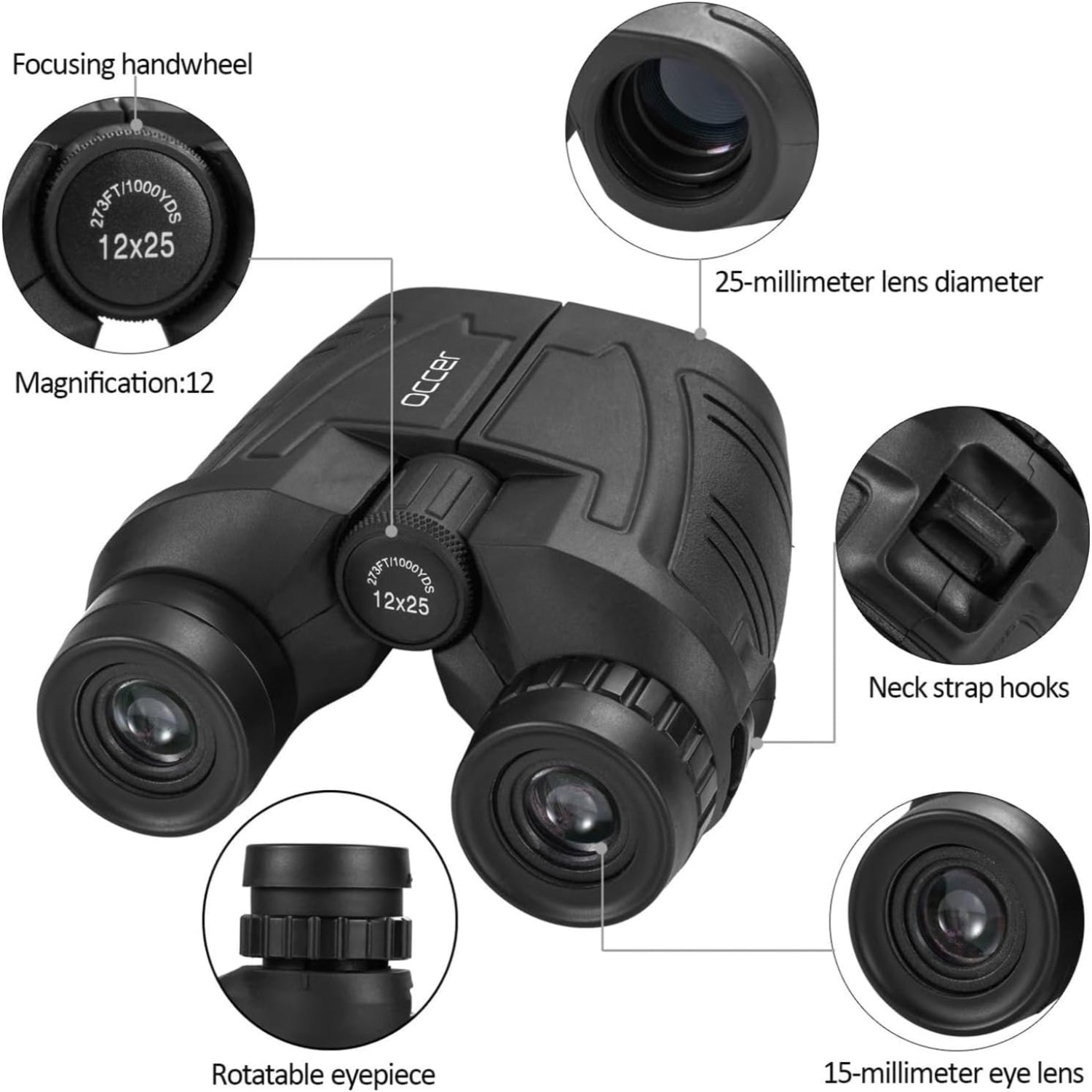 Occer 12x25 compact binoculars for adults and kids with large eyepieces, black and silver finish, showing the binoculars' front view