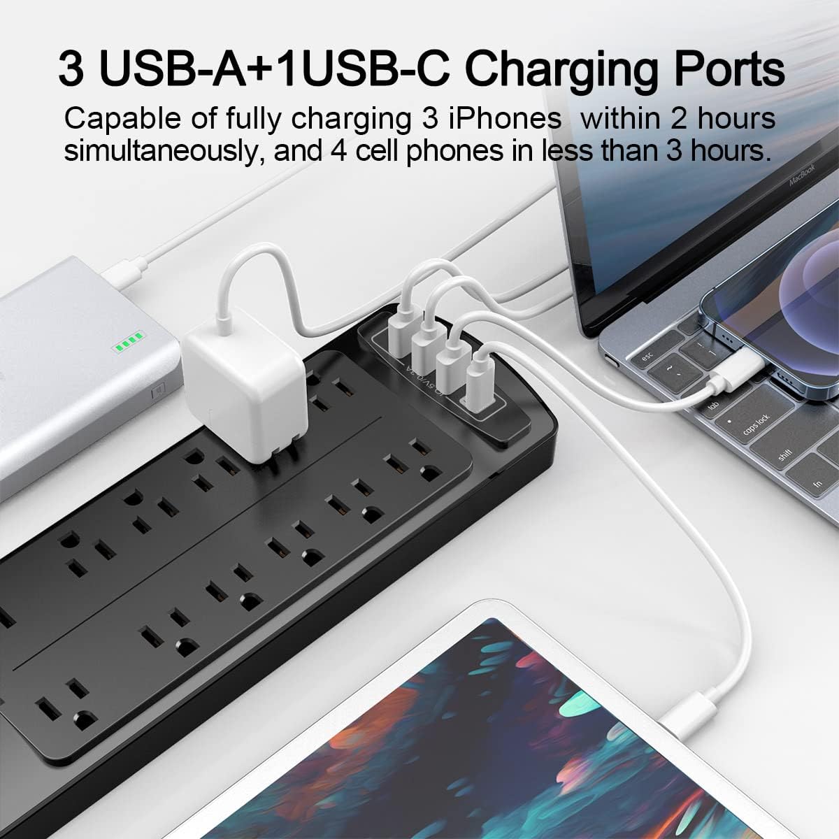 Power Strip, ALESTOR Surge Protector with 12 Outlets and 4 USB Ports, 6 Feet