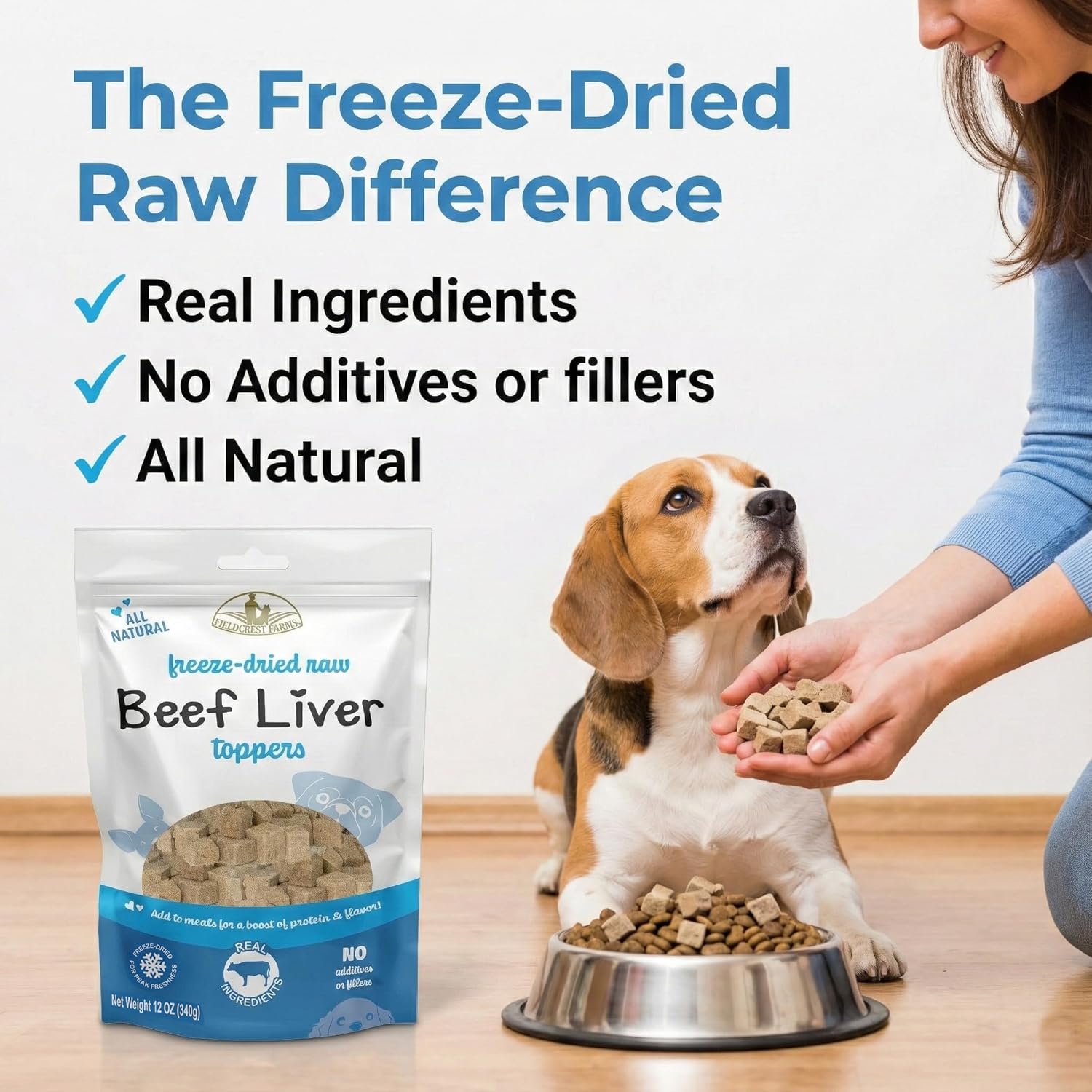 Fieldcrest Farms freeze-dried beef liver dog food topper, single-ingredient beef liver in a resealable bag.
