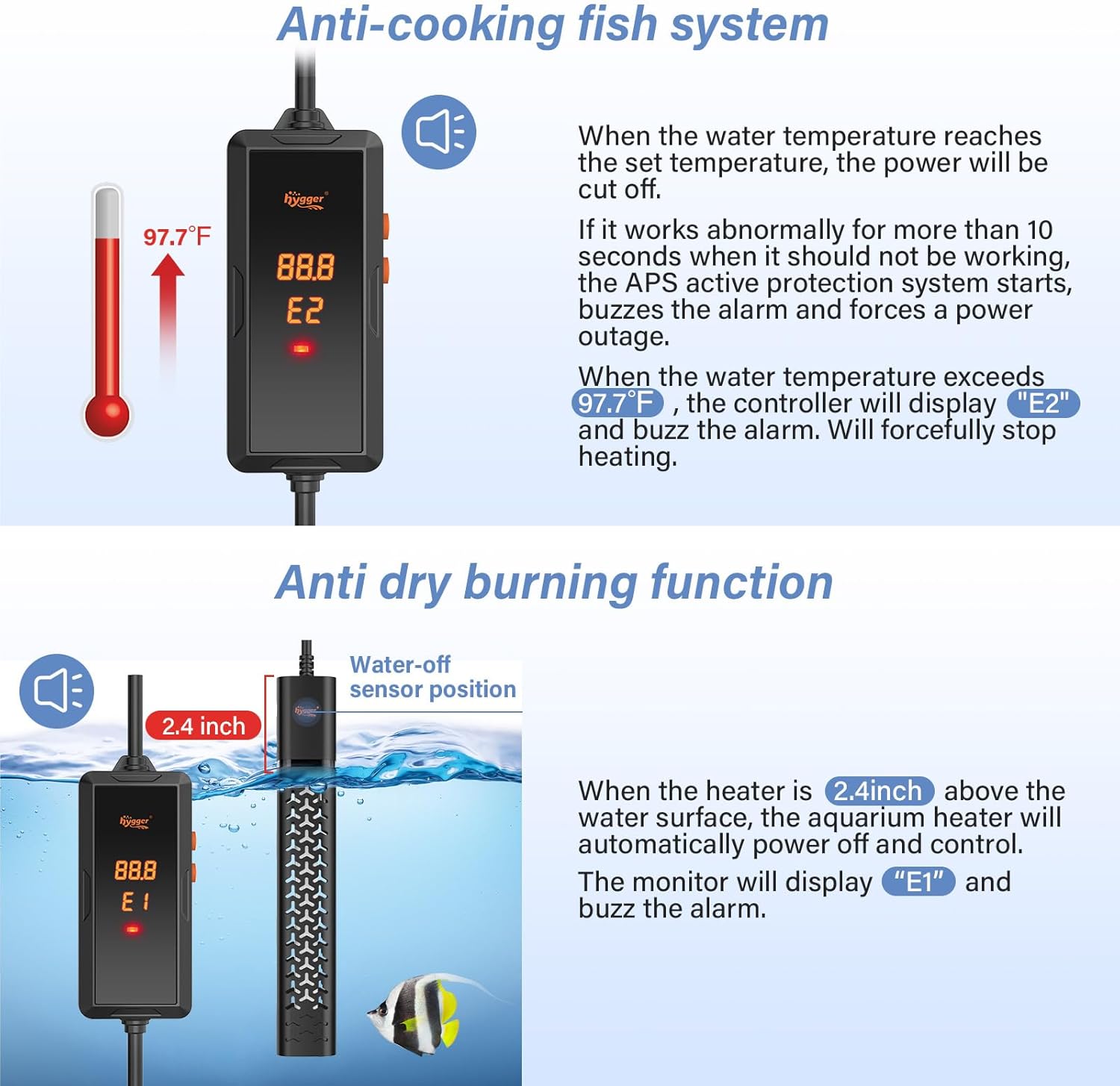 hygger 200W submersible aquarium heater inside fish tank, showing digital temperature display and heating element for fish tank.