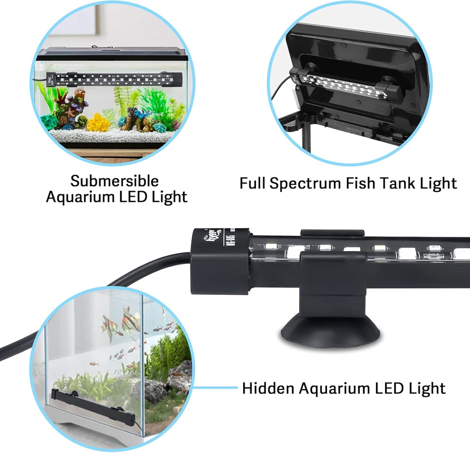 hygger 24/7 Mode Submersible Aquarium LED Light with full spectrum for aquatic tanks, showcasing sleek design and adjustable features