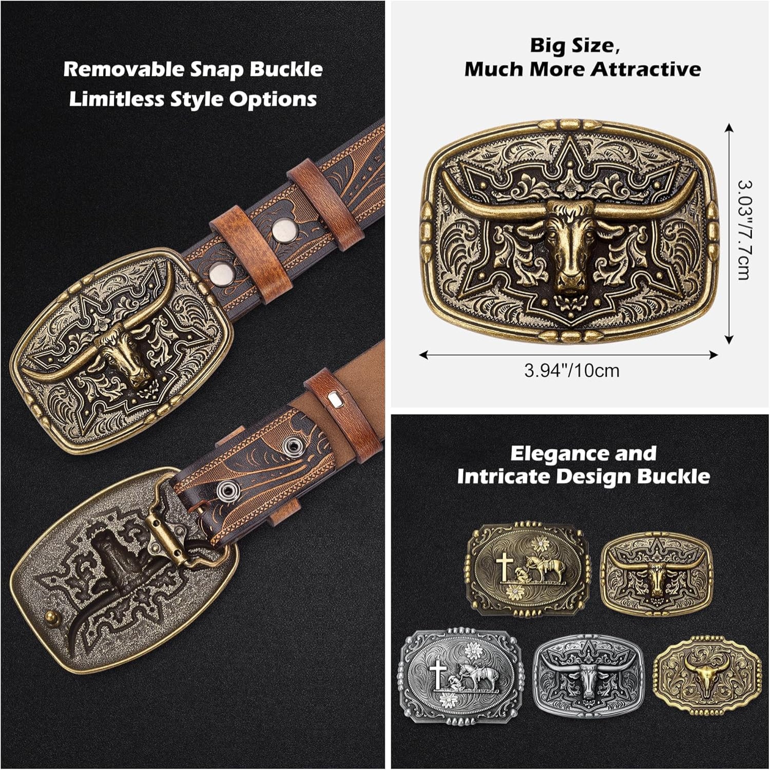 BISON DENIM men's western cowboy belt with large engraved printed buckle and dark denim strap.