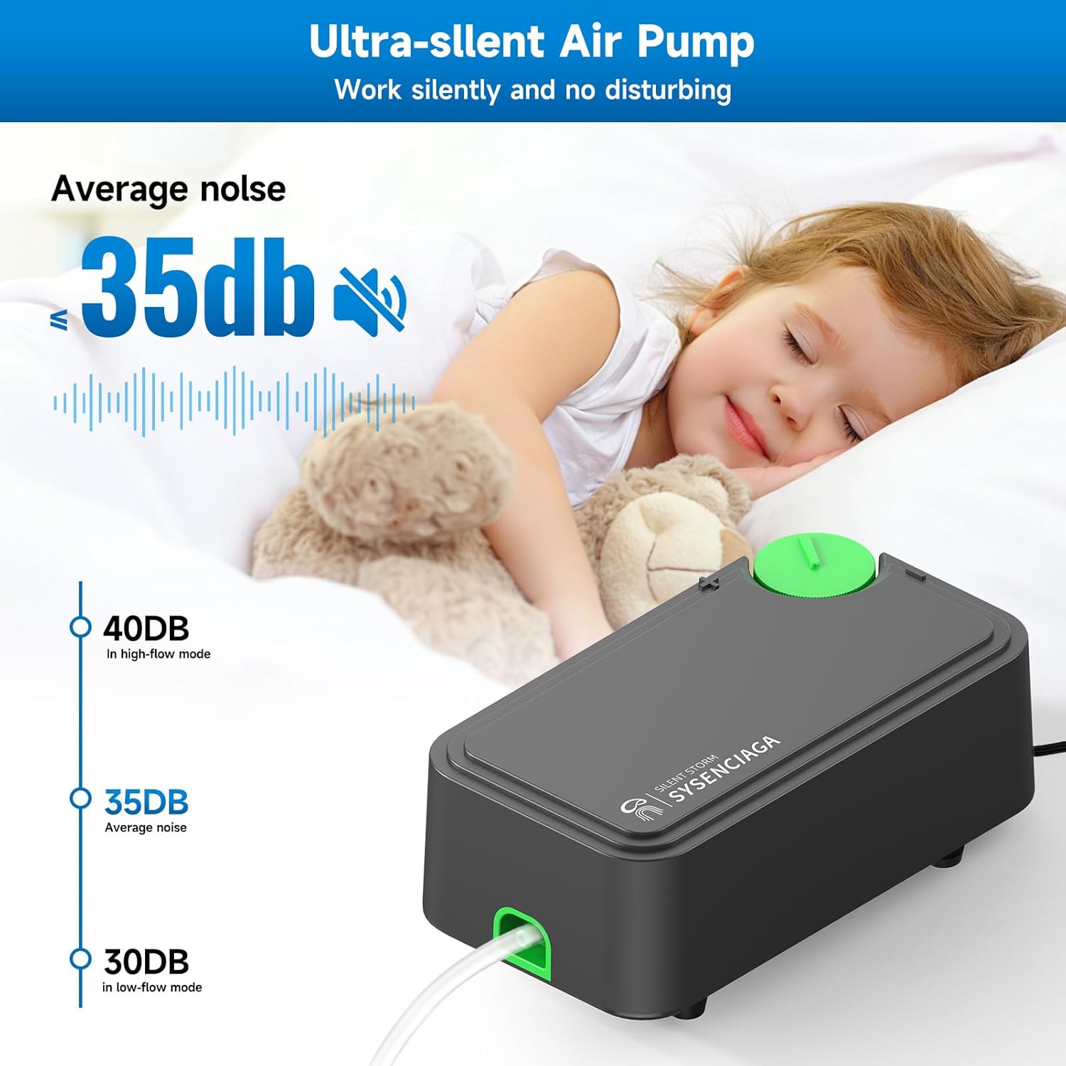 SYSENCIAGA aquarium air pump with dual outlets, ultra silent and powerful aerator for aquarium oxygenation.