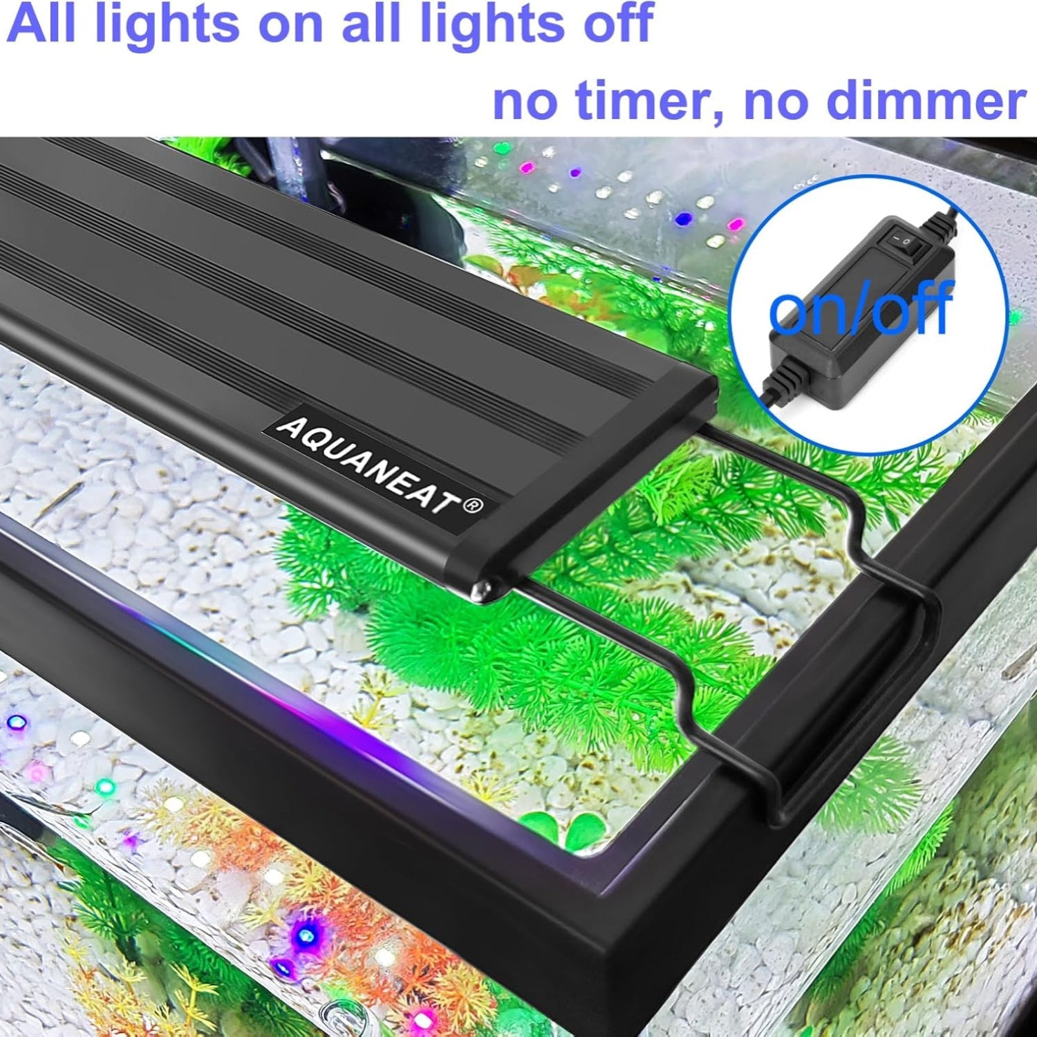 AQUANEAT LED Aquarium Light full spectrum for 18-24 inch tanks, showcasing the sleek black fixture with adjustable mounting arms.