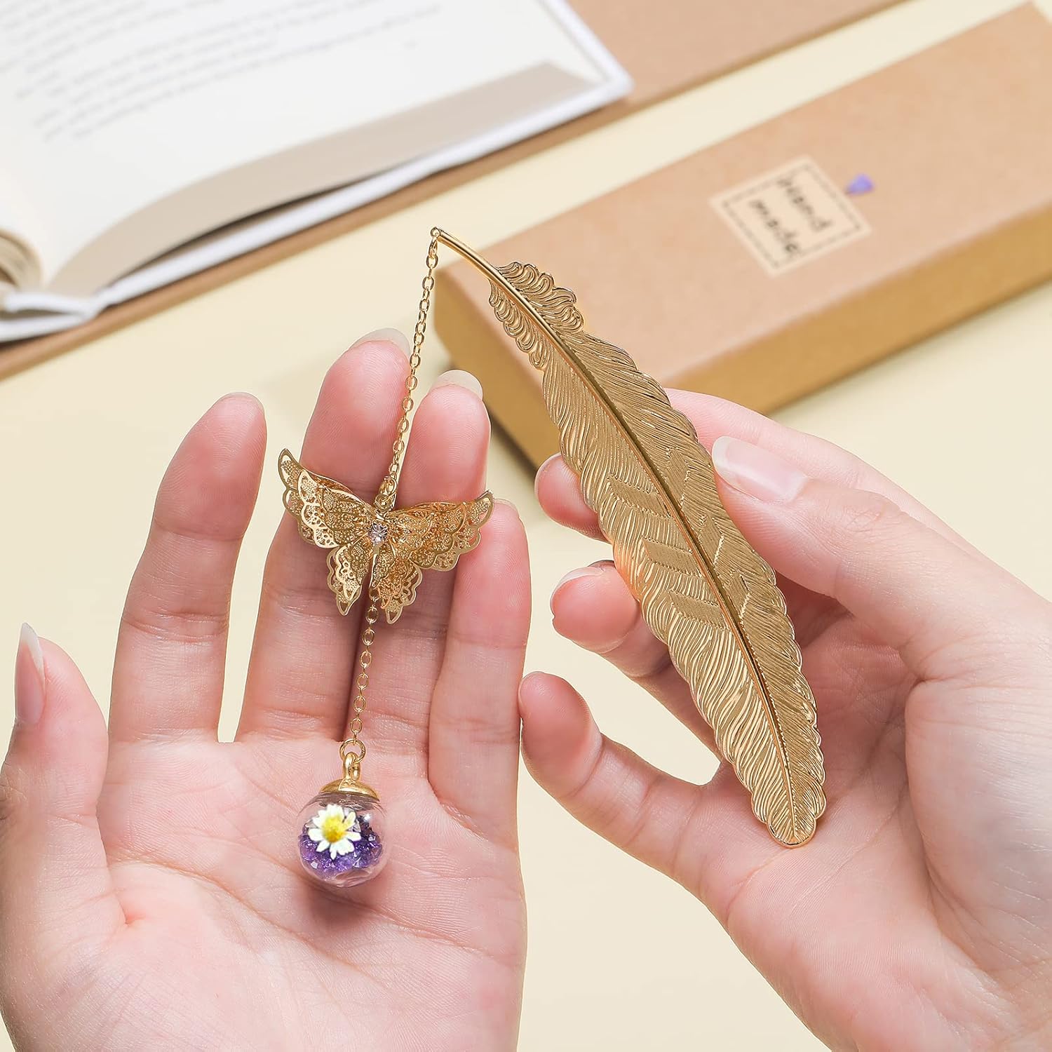 Jiazhenep metal butterfly feather bookmark with intricate design, ideal for birthdays, teachers, or Christmas gifts.
