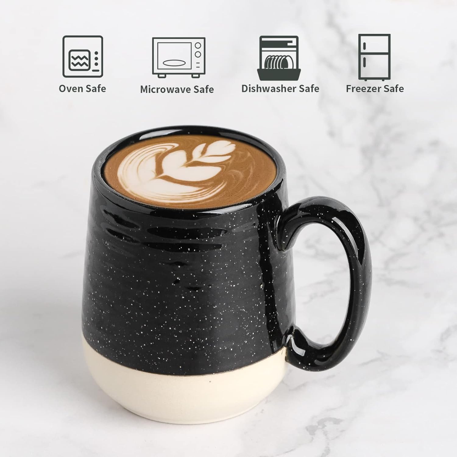 Set of four HASENSE 15-ounce ceramic coffee mugs with handles, white porcelain cups for hot beverages.