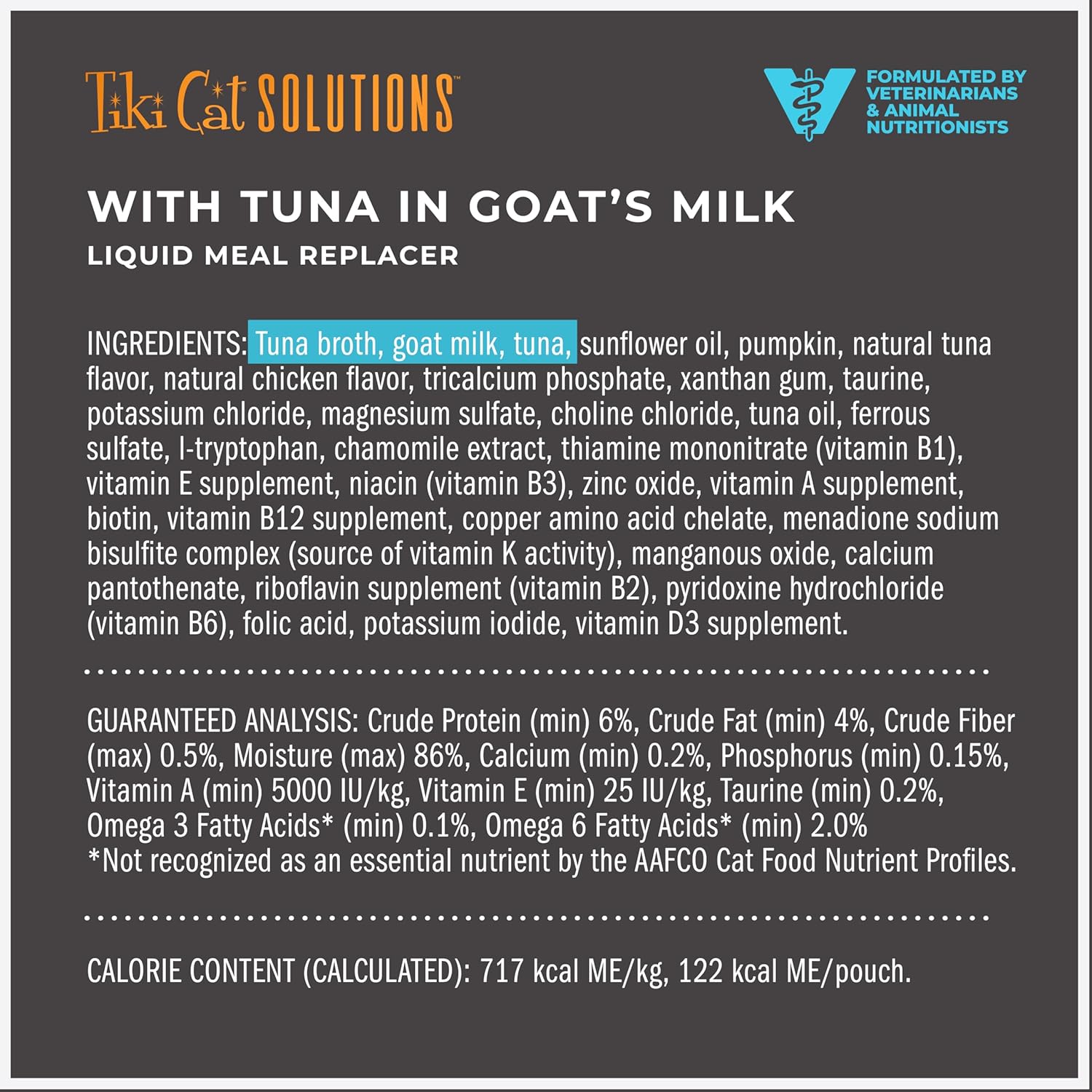 Tiki Cat Solutions Liquid Meal Replacer wet cat food with tuna in goat's milk, featuring a can with the product label and seafood imagery.