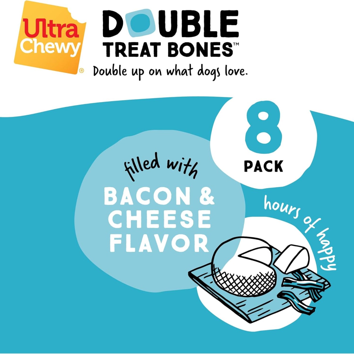 Ultra Chewy Bacon and Cheese Double Treat Bones for dogs, showing long-lasting, savory dog treats made in the USA.