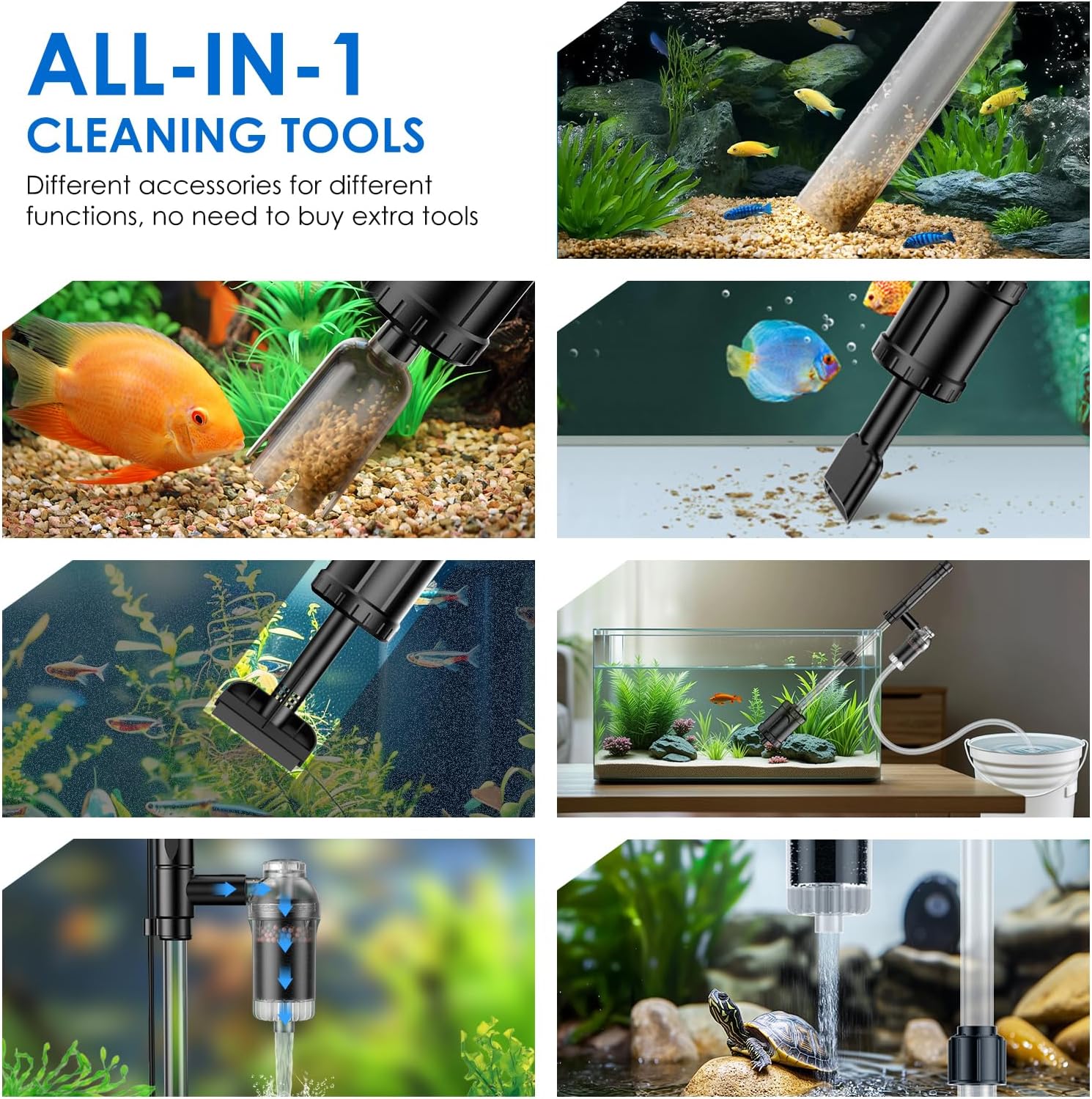 Suness 36W electric fish tank vacuum gravel cleaner for aquarium cleaning, showing the device with hoses and gravel extraction components.