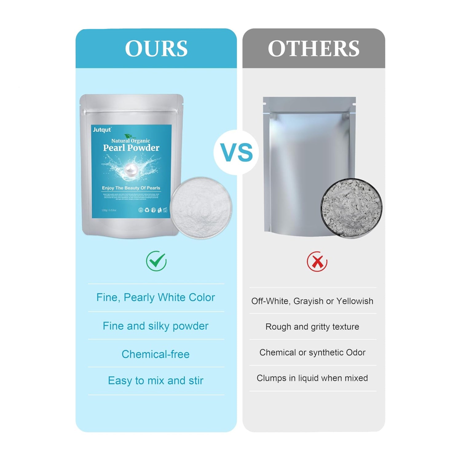 Comparison of pearl powder packaging and texture between 'OURS' and 'OTHERS'.