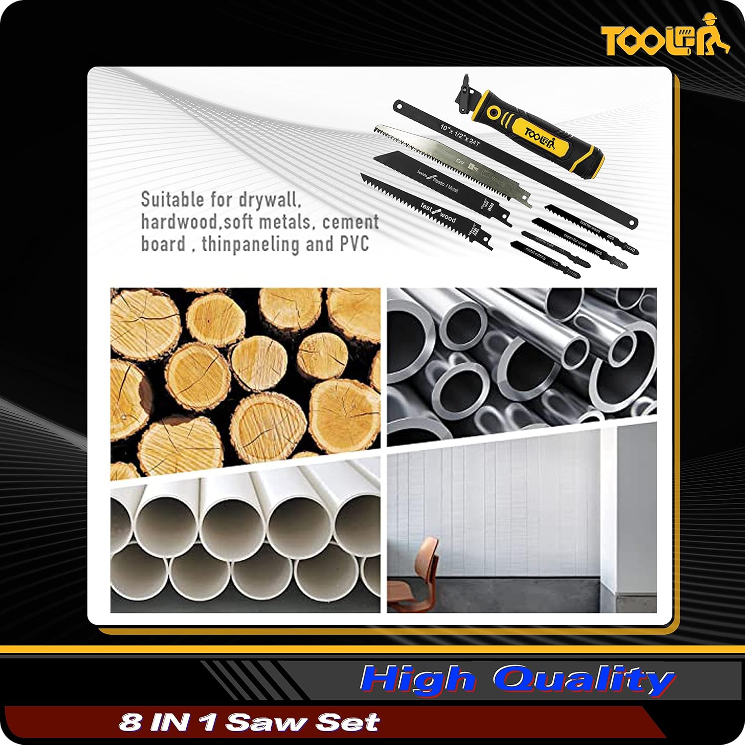 TOOLAN 8-in-1 multi blades hand saw with long blade, drywall cutter, and hacksaw for versatile cutting tasks.