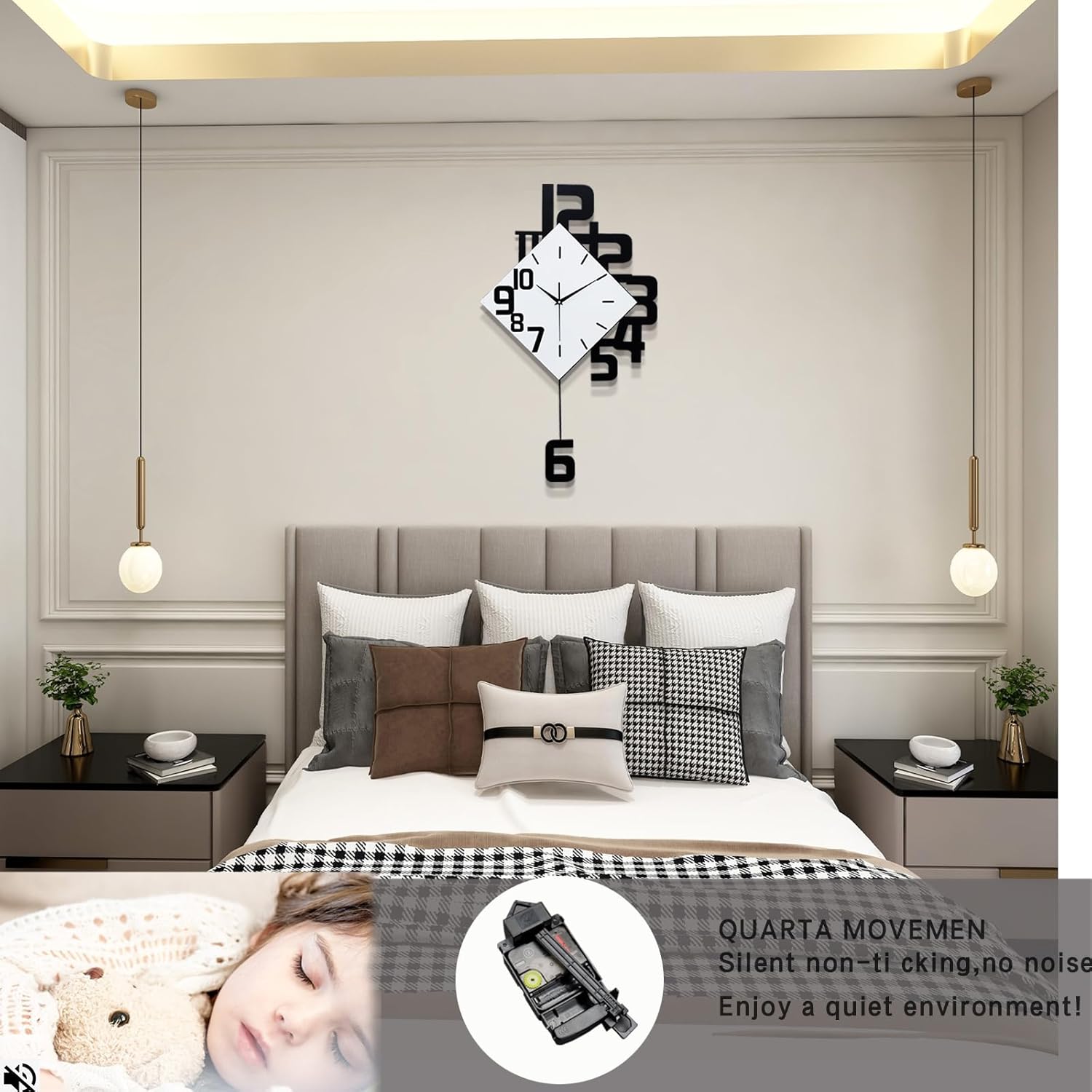 FLEBLE modern large wall clock with silent pendulum, ideal for living room decor, featuring a sleek design and clear clock face.