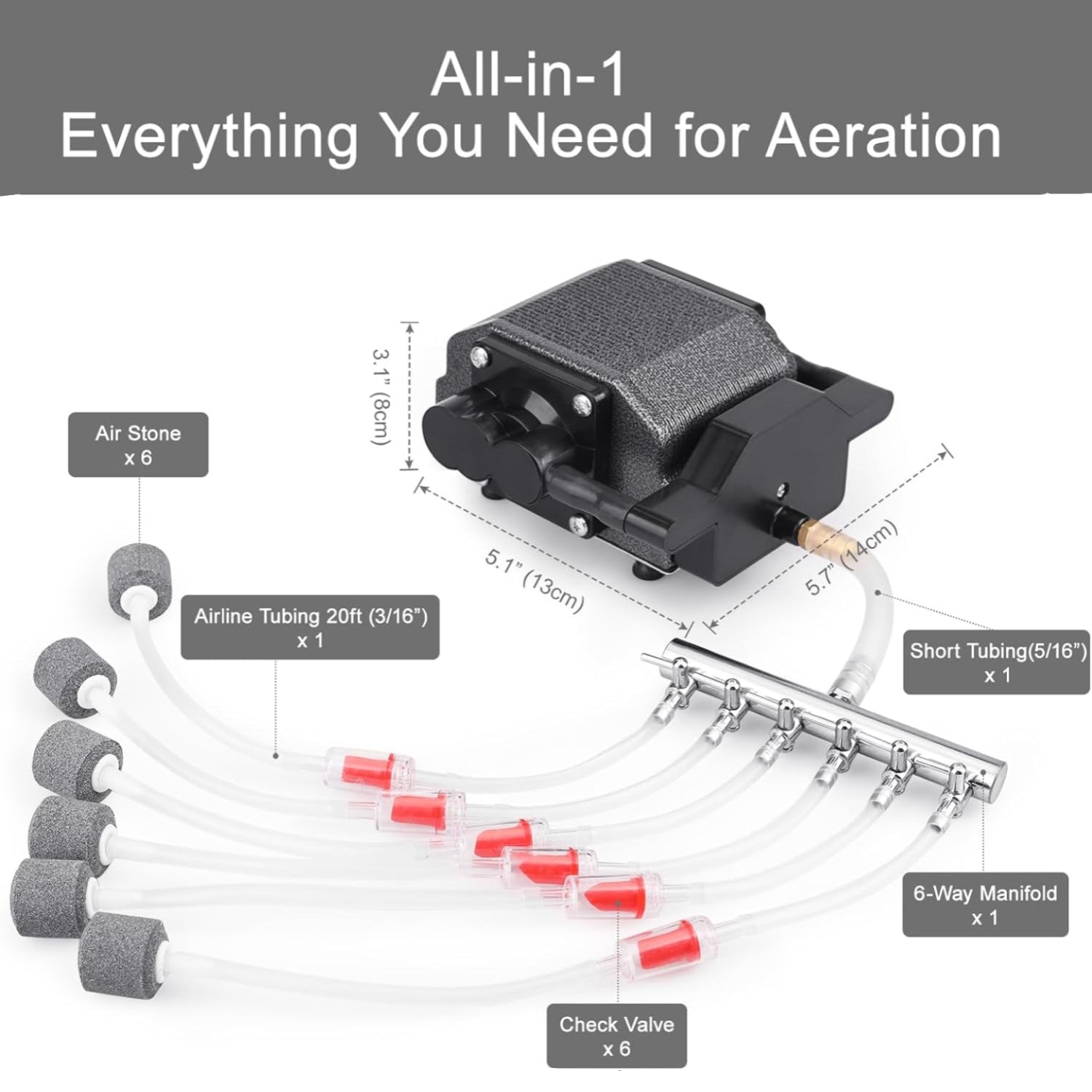 AquaMiracle 6/8/16W quiet fish tank air pump with adjustable flow, shown with power cord and compact design for aquarium aeration.
