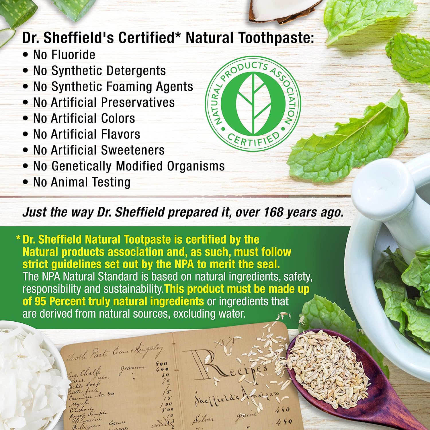Dr. Sheffield’s Certified Natural Toothpaste with peppermint flavor, fluoride-free, in a white tube with a green cap and branding.