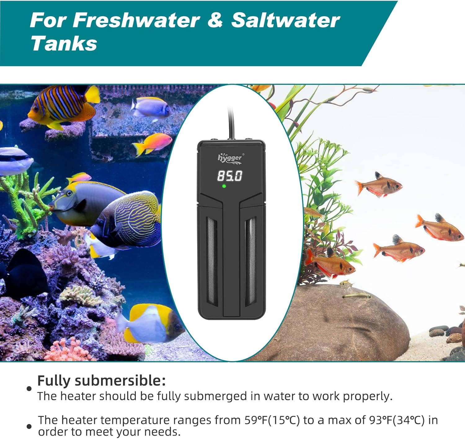 hygger submersible aquarium heater in black, 75W, 150W, or 300W for fish tanks, with adjustable thermostat and safety features