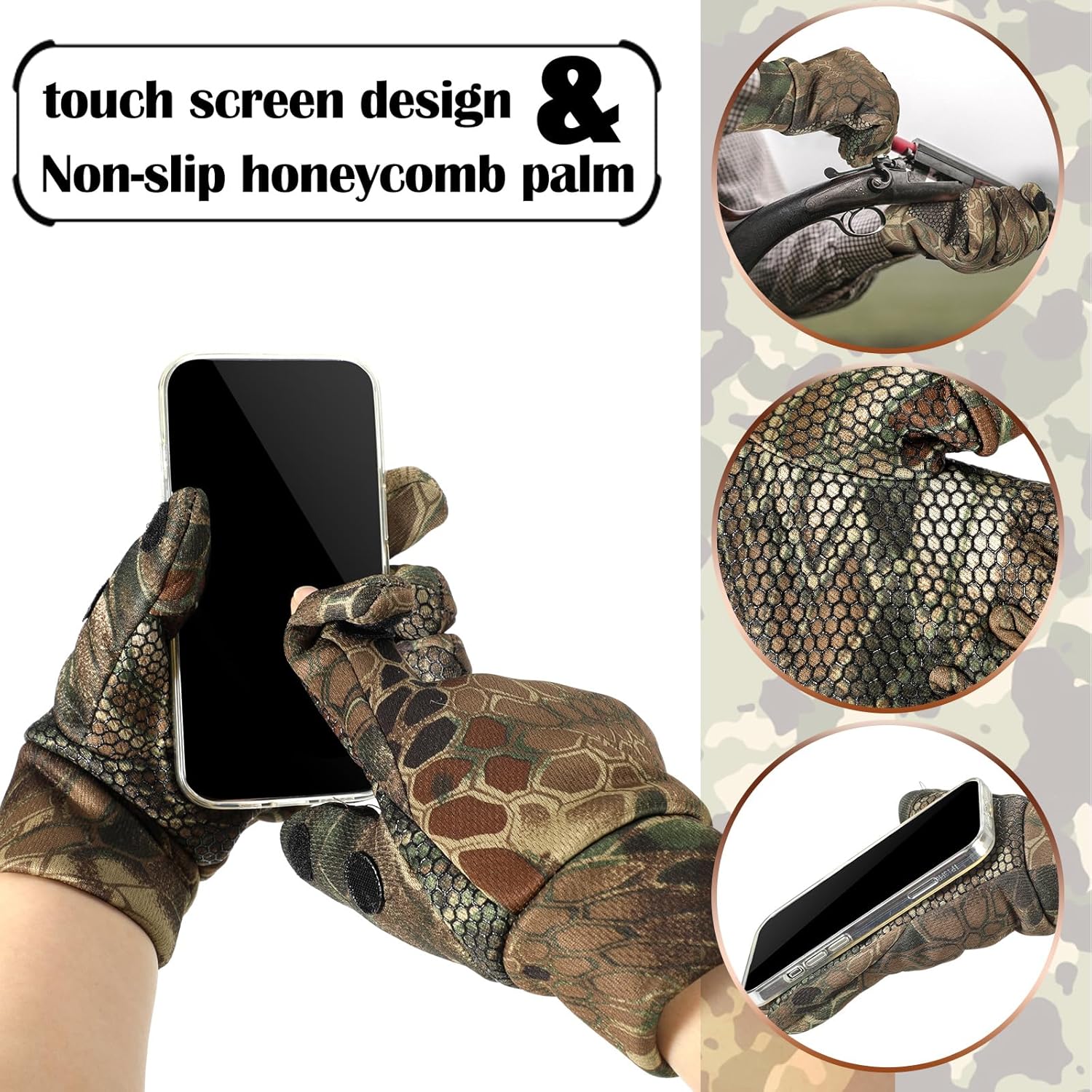 Janmercy 3-piece camo hunting gloves, beanie, and neck gaiter set for men and women, displayed on a neutral background.