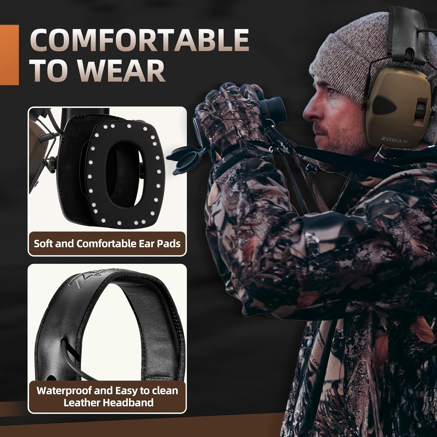 ZOHAN EM054 electronic shooting ear protection with 4X sound amplification, black and compact design, adjustable fit