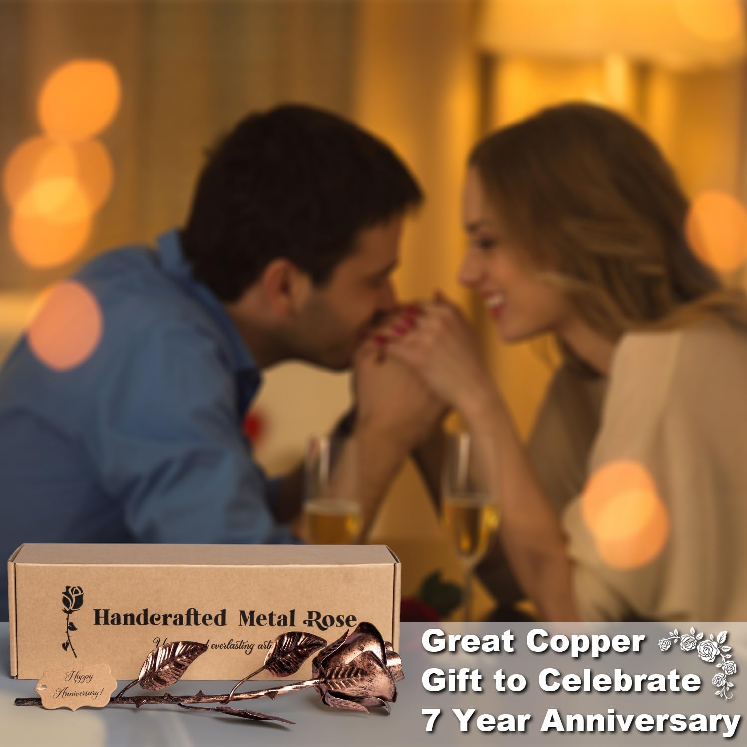 BESZONE 7 Year Anniversary Copper gift for her, metal rose with engraved message, perfect for wife or special occasion.