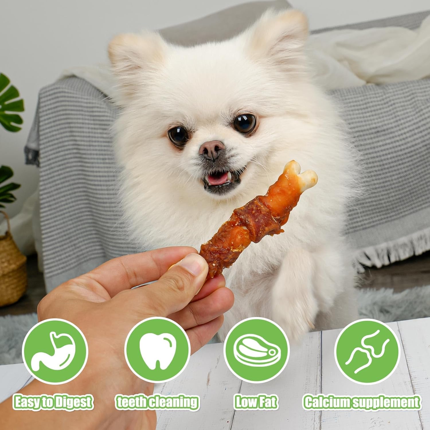 MON2SUN Double Flavor Dog Treats with 4-inch chicken and duck wrapped calcium bones for dogs, shown in the image.