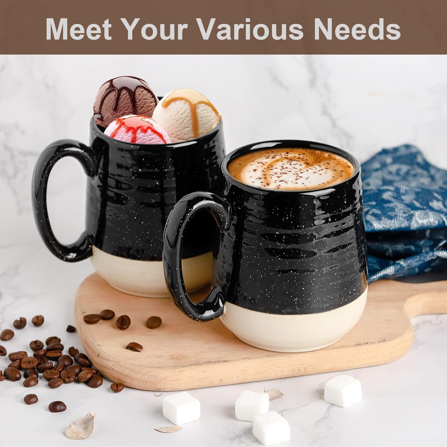 Set of four HASENSE 15 oz ceramic coffee mugs with handles, white porcelain cups for hot beverages, shown stacked and arranged.