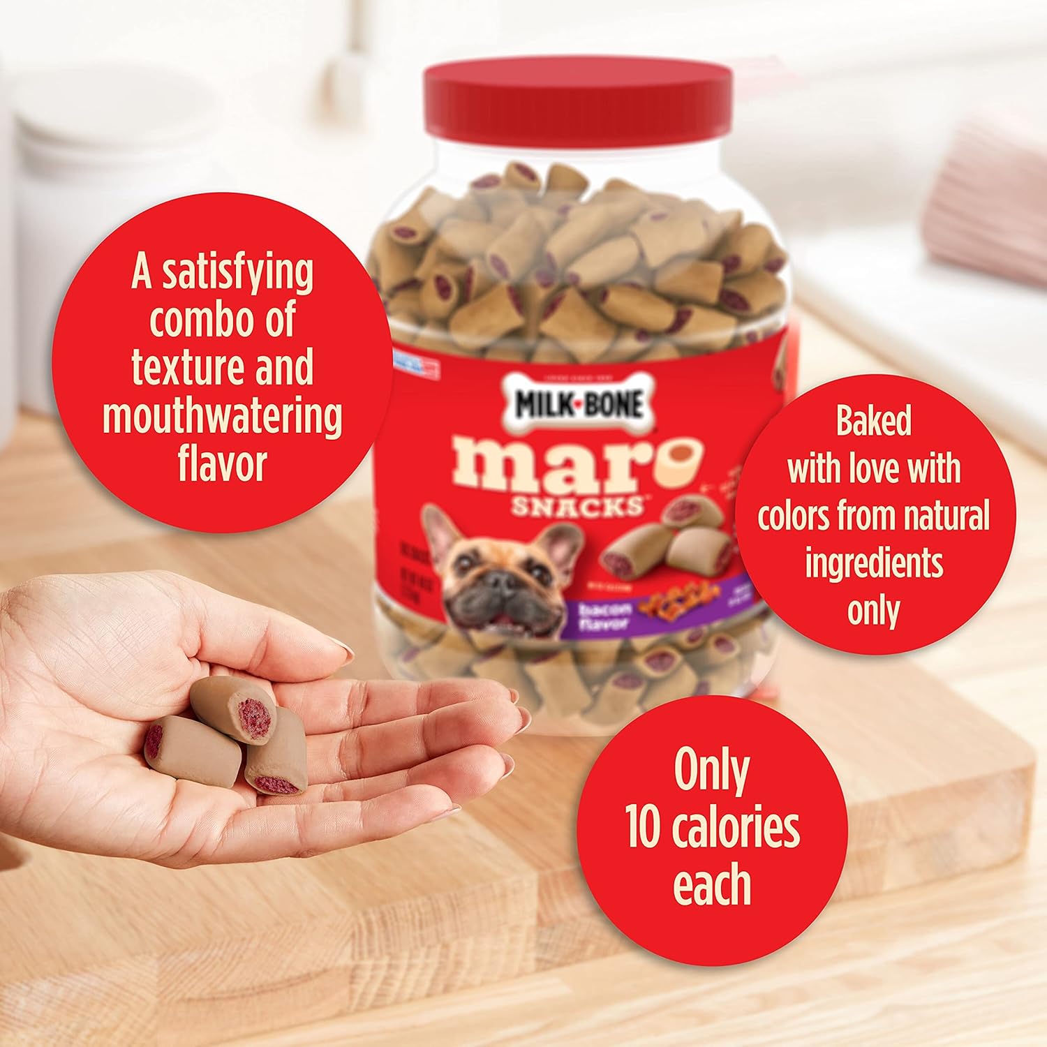 Milk-Bone MaroSnacks Bacon Flavor small dog treats with bone marrow in a 40-ounce bag, showing the treats and packaging.