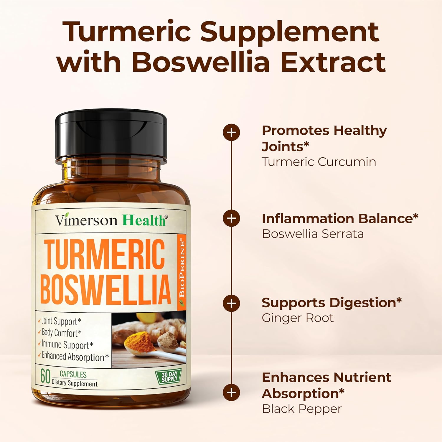 Vimerson Health turmeric supplement with Boswellia Serrata capsules for daily joint health support.