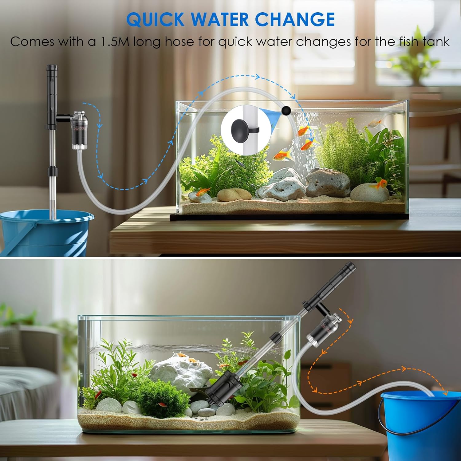 Suness 36W electric fish tank vacuum gravel cleaner for aquarium cleaning, with flexible hose and adjustable flow.