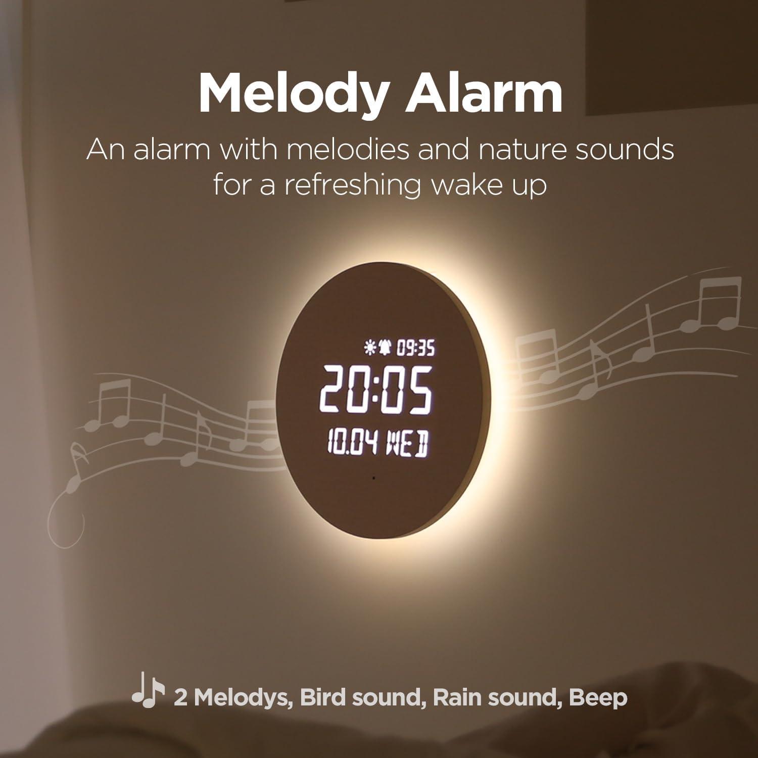 mooas Full Moon LED silent wooden digital wall clock with remote control, showing time display and moon design on a wall.
