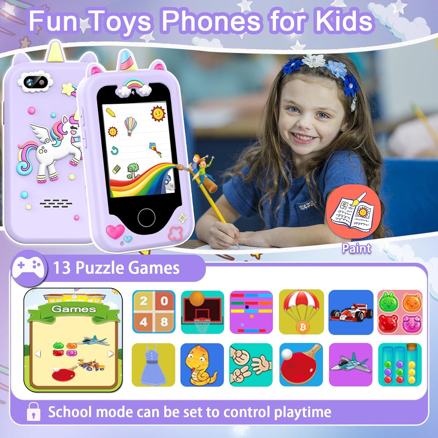 Luoba kids smart phone for girls, colorful toy cell phone with buttons and screen, suitable for ages 3-10, Christmas and birthday gift