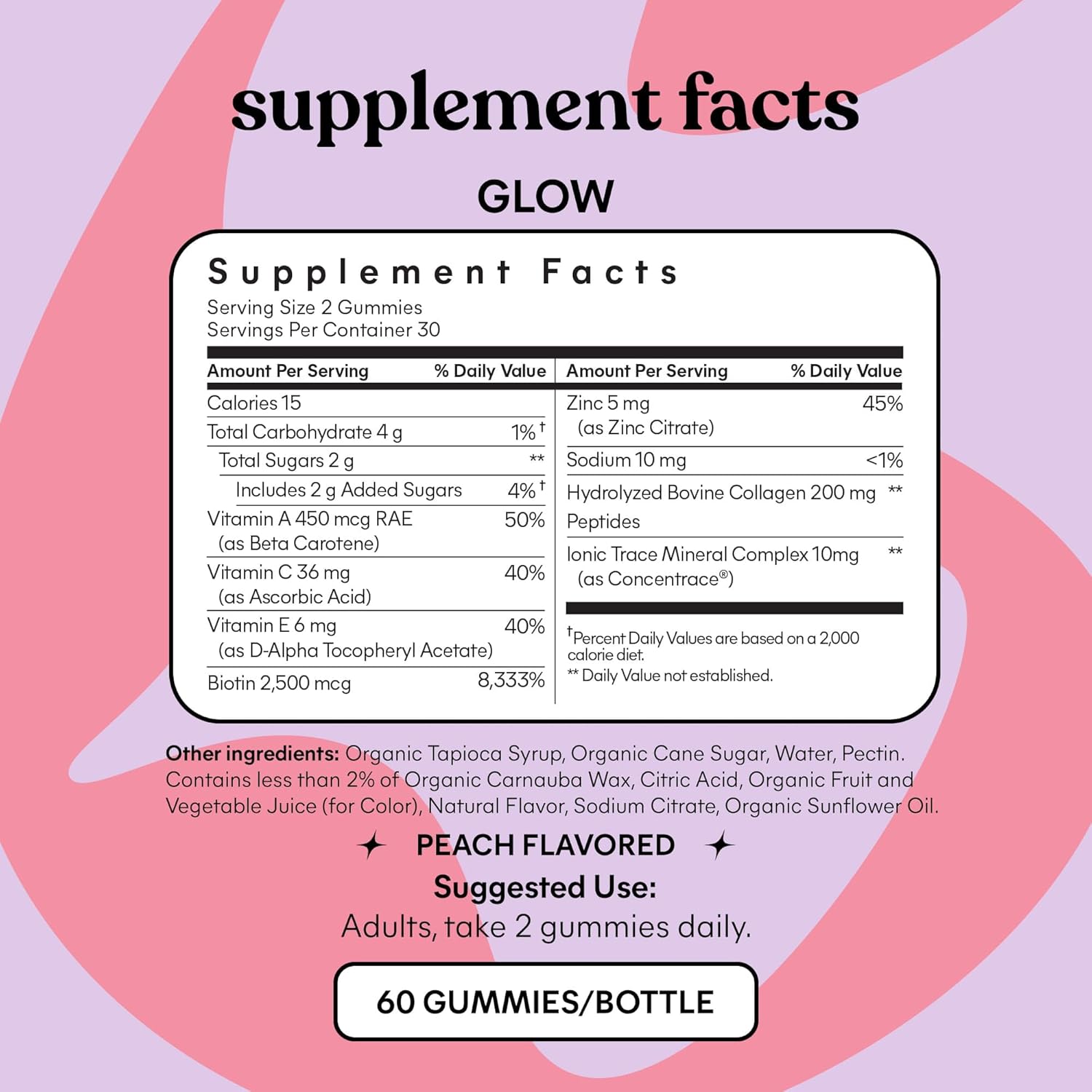 Lemme Glow Collagen Gummies for healthy skin, thick hair, and strong nails, displayed in a clear container with gummies inside.
