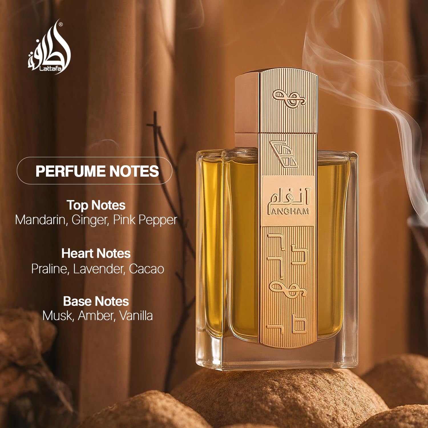 Lattafa Angham Eau de Parfum bottle with citrus, lavender, musk, amber, and vanilla notes, elegant fragrance display.