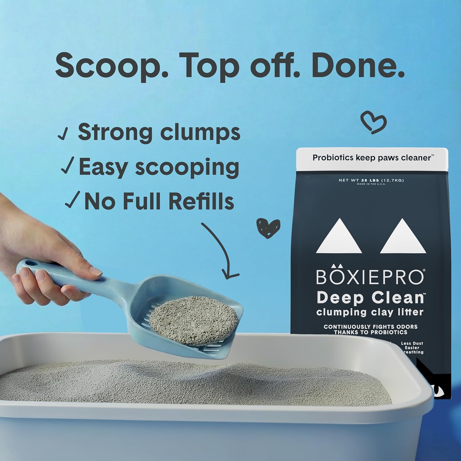 BoxiePro probiotic cat litter in a 16 lb bag, dust-free clumping clay with odor control and probiotics, no fragrances or fillers.