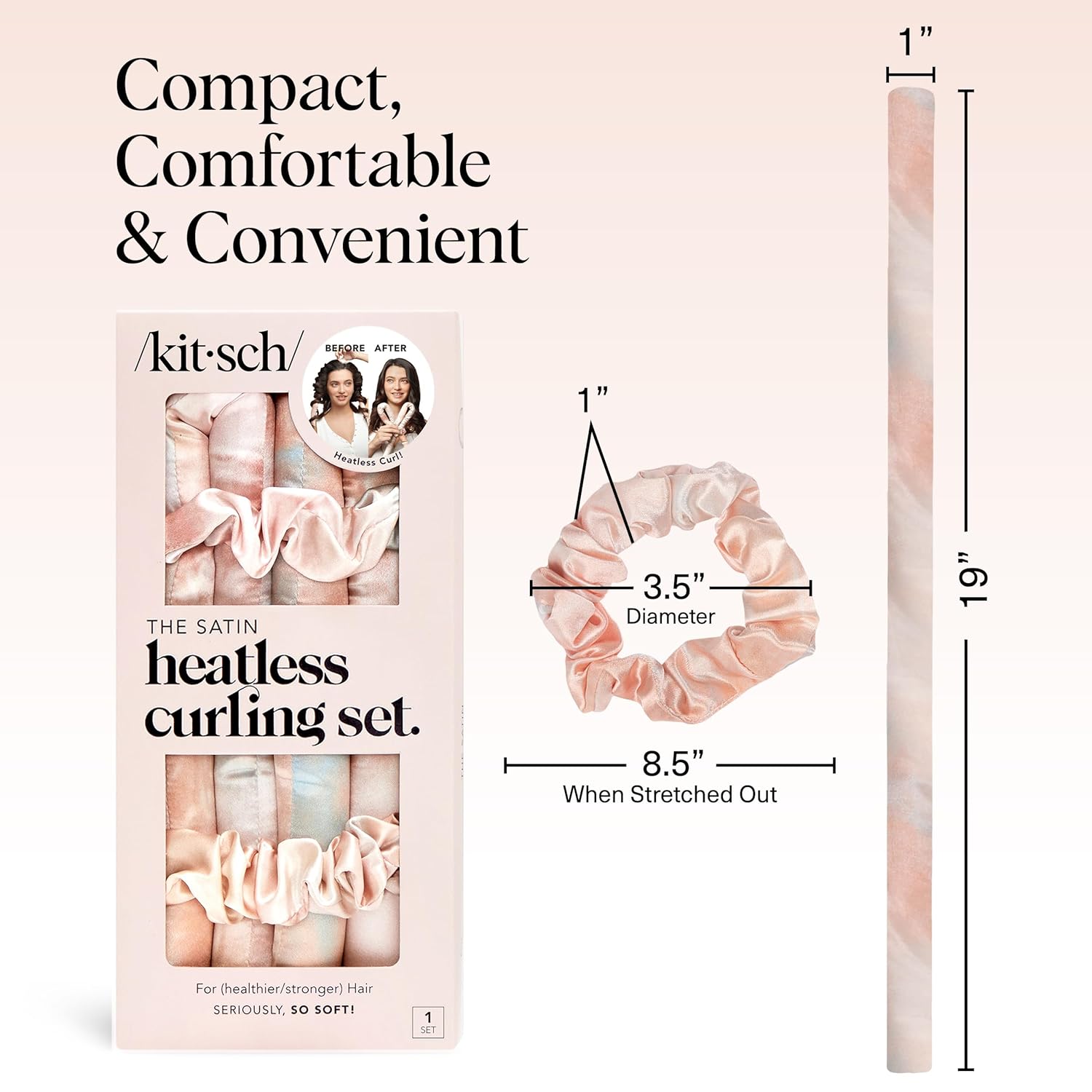 Kitsch satin heatless curlers set with 34-inch hair curlers for overnight styling and natural, bouncy curls.