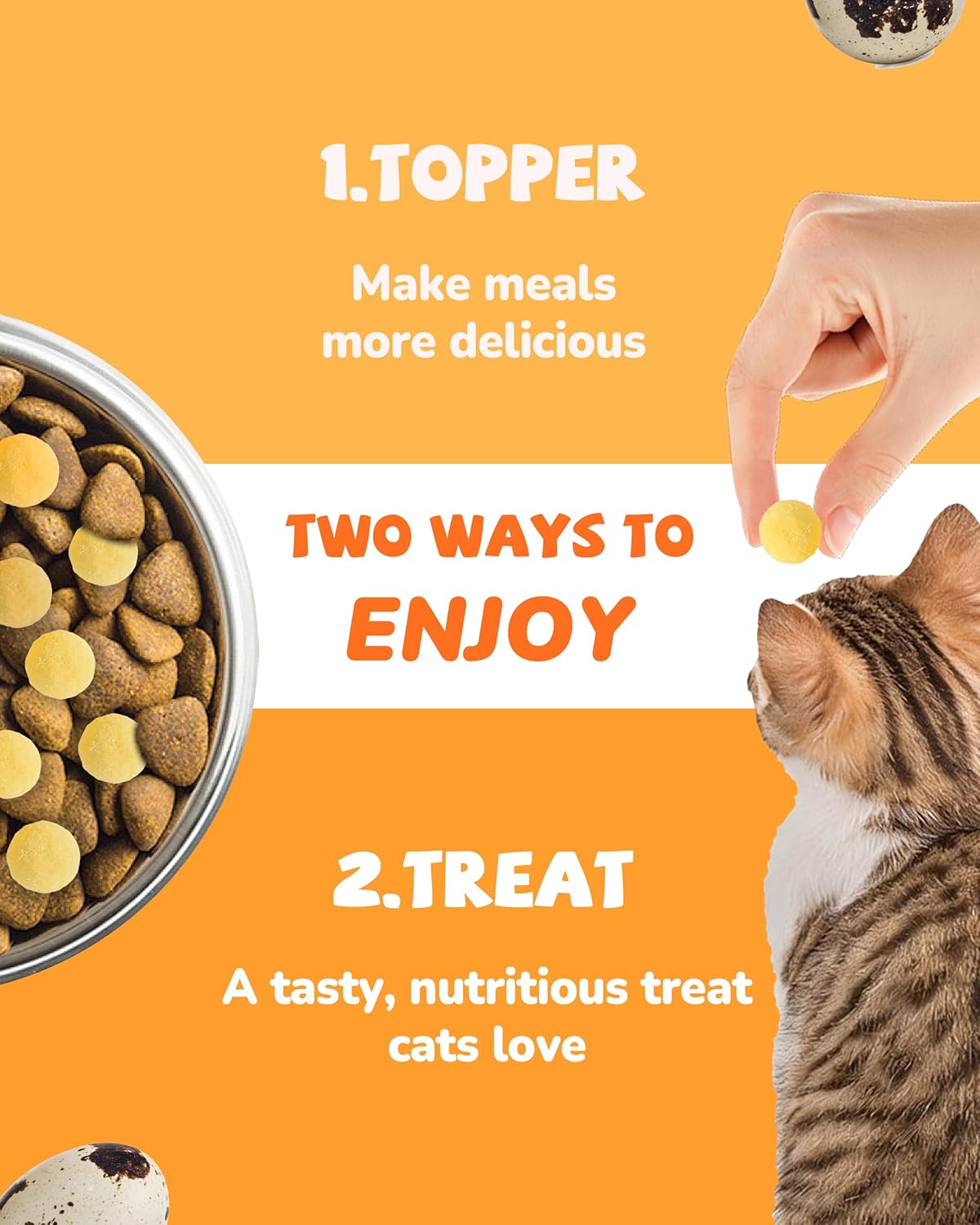 PAWUP freeze-dried quail egg yolk pet treats for dogs and cats, rawhide-free, 4.2 oz package, showing bright yellow egg yolk pieces.