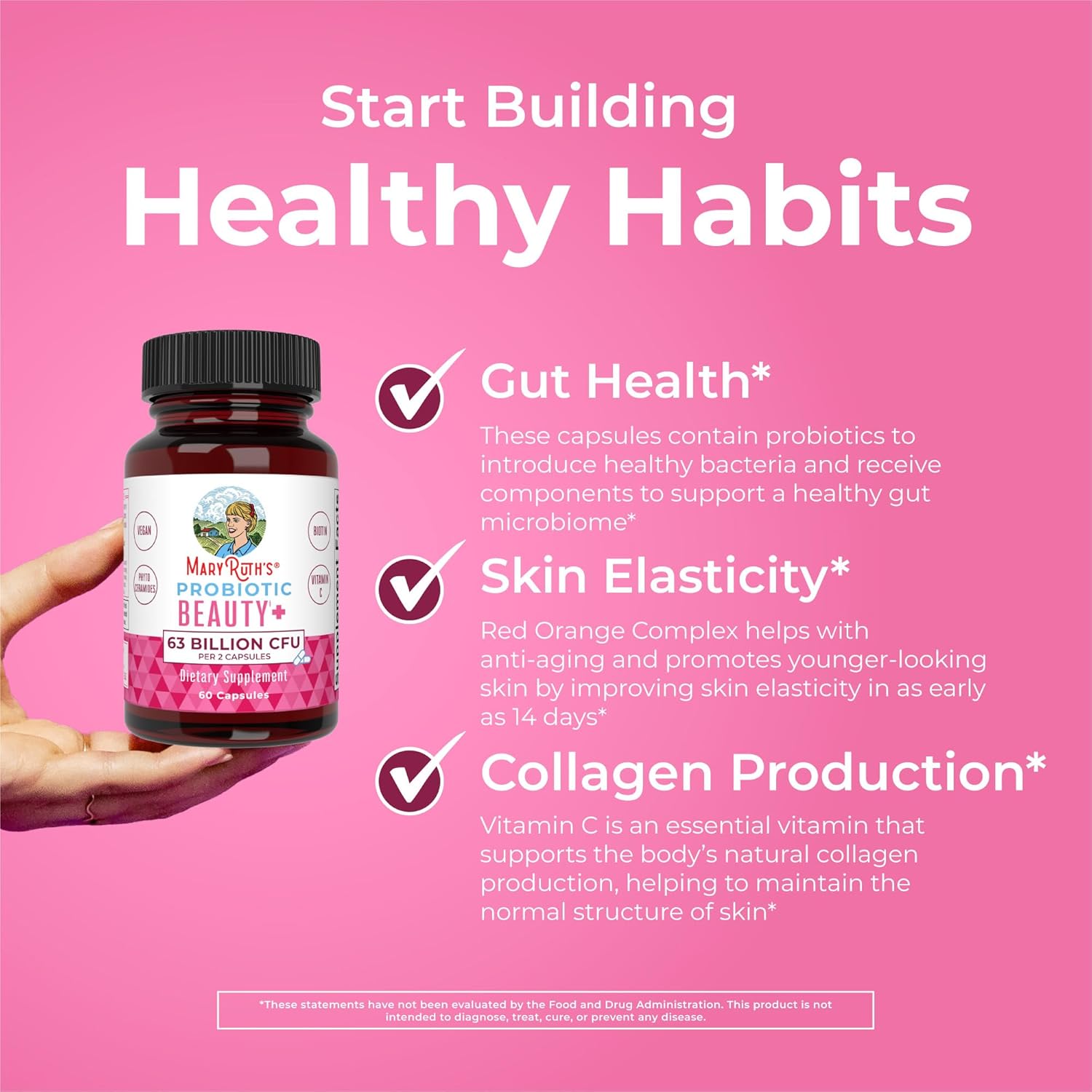 MaryRuth's Vegan Probiotic Beauty Capsules with collagen support, featuring a bottle with capsules and natural ingredients on the label.