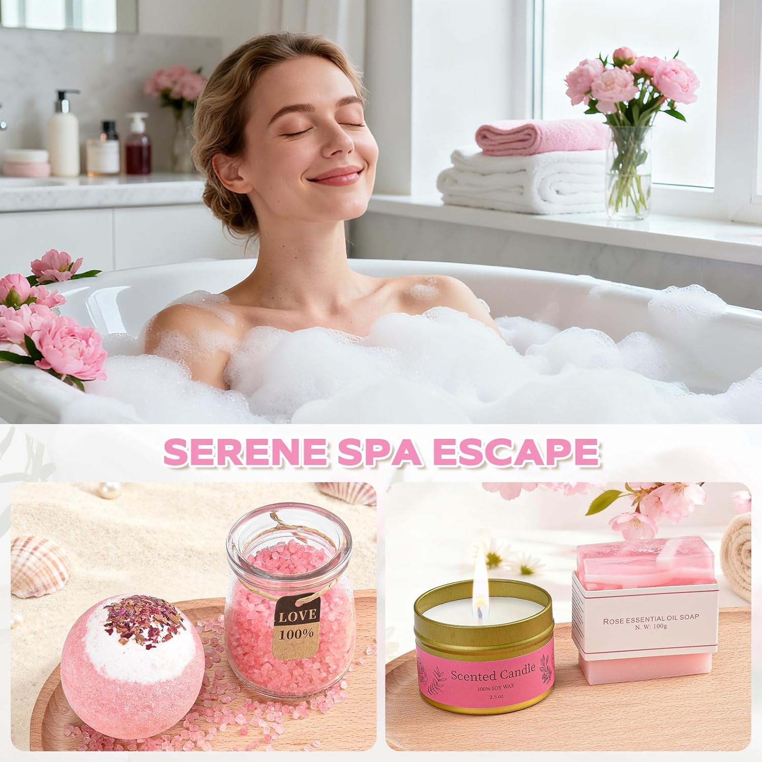 Zerivne self-care gifts for women, 11-piece get well soon gift basket with rose-scented relaxing care products.