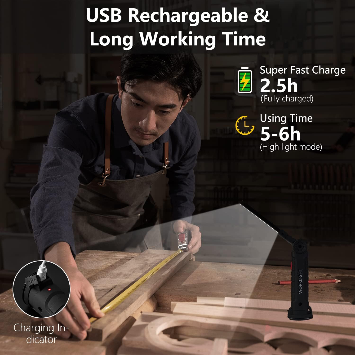 Rechargeable NODINIHU working light with magnetic base and hanging feature, portable LED work light for versatile illumination.