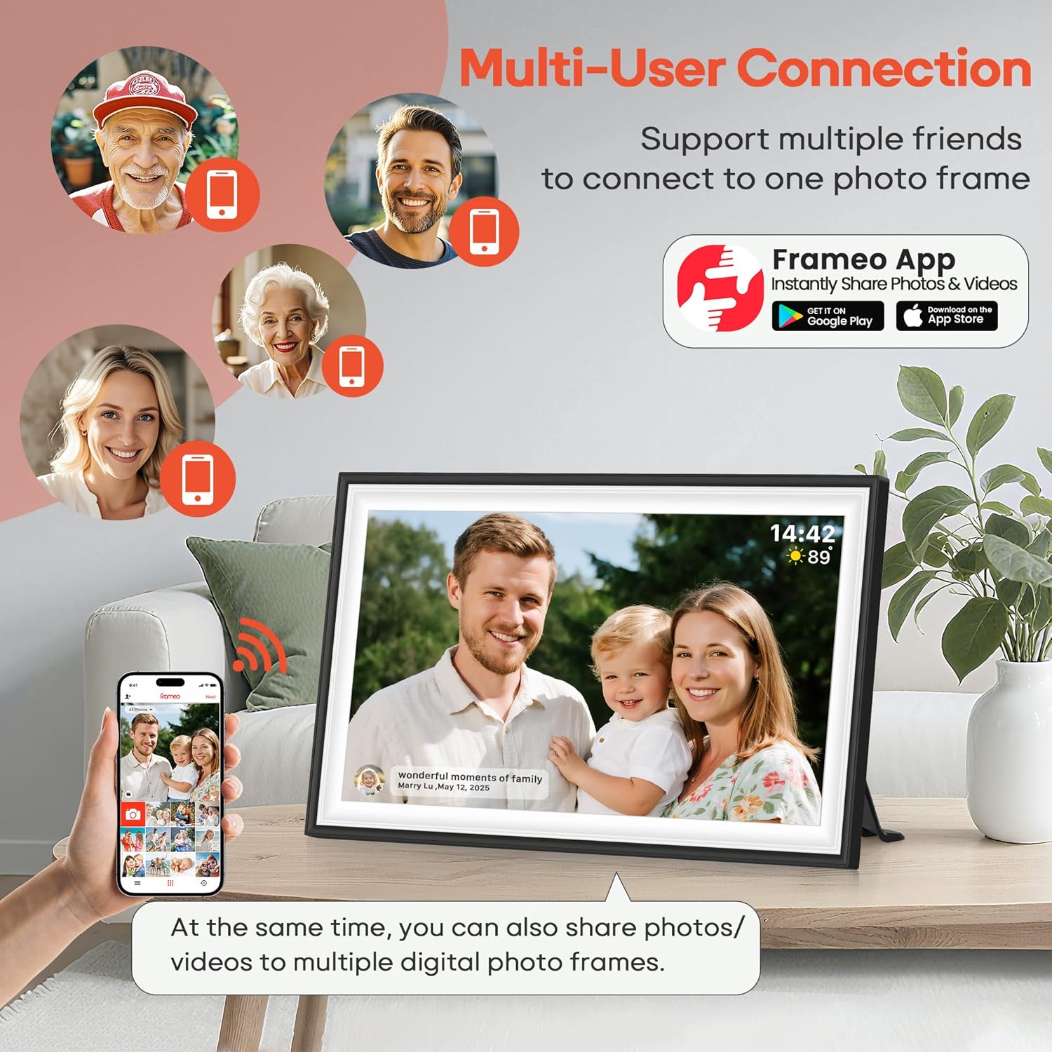 BIGASUO 15.6-inch WiFi digital picture frame displaying colorful photos on a sleek electronic photo frame.