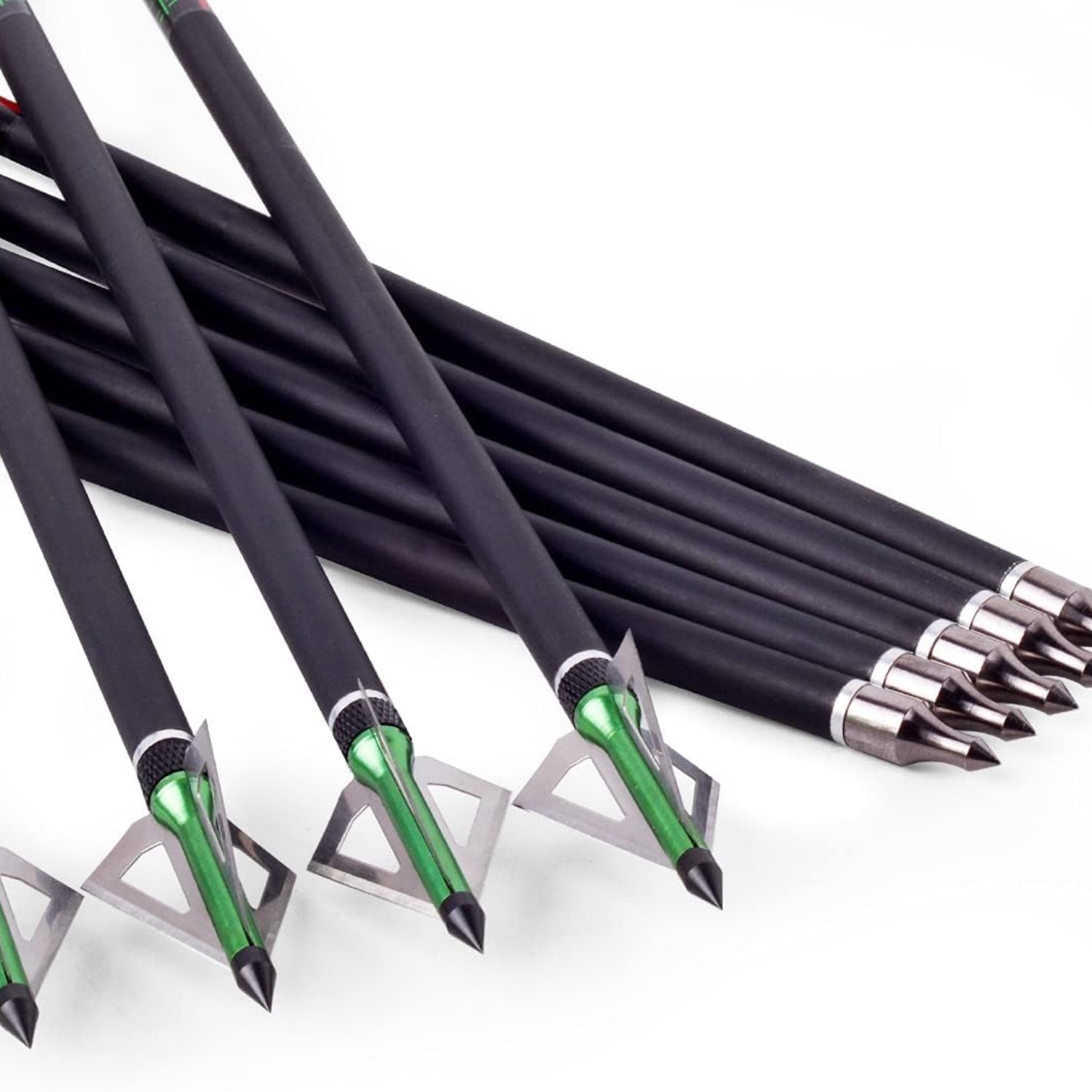 LWANO crossbow bolts, 20 and 22 inch carbon archery arrows, 12 and 6 pack, shown in a natural stance with fletching and tips visible.