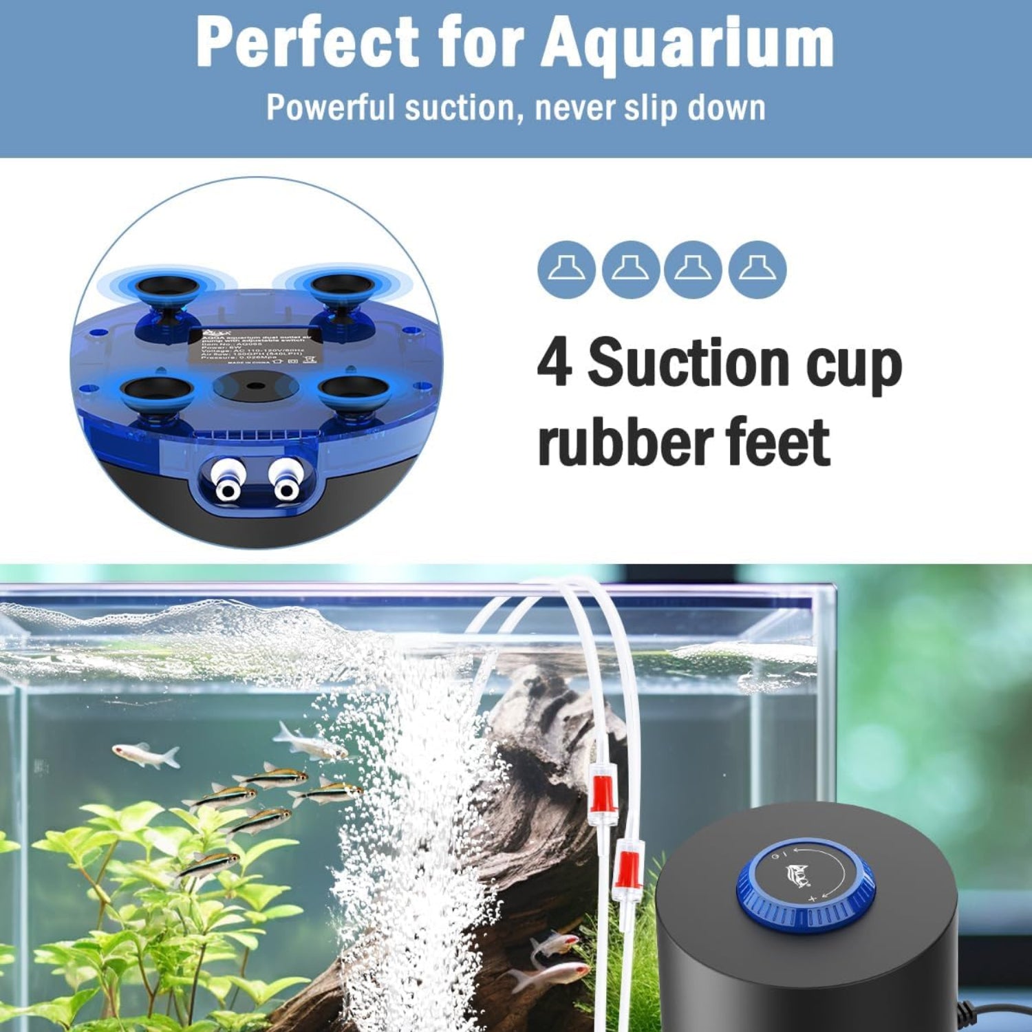 AQQA aquarium air pump in black, compact design with power settings 3W, 6W, and 10W, used for aerating fish tanks.